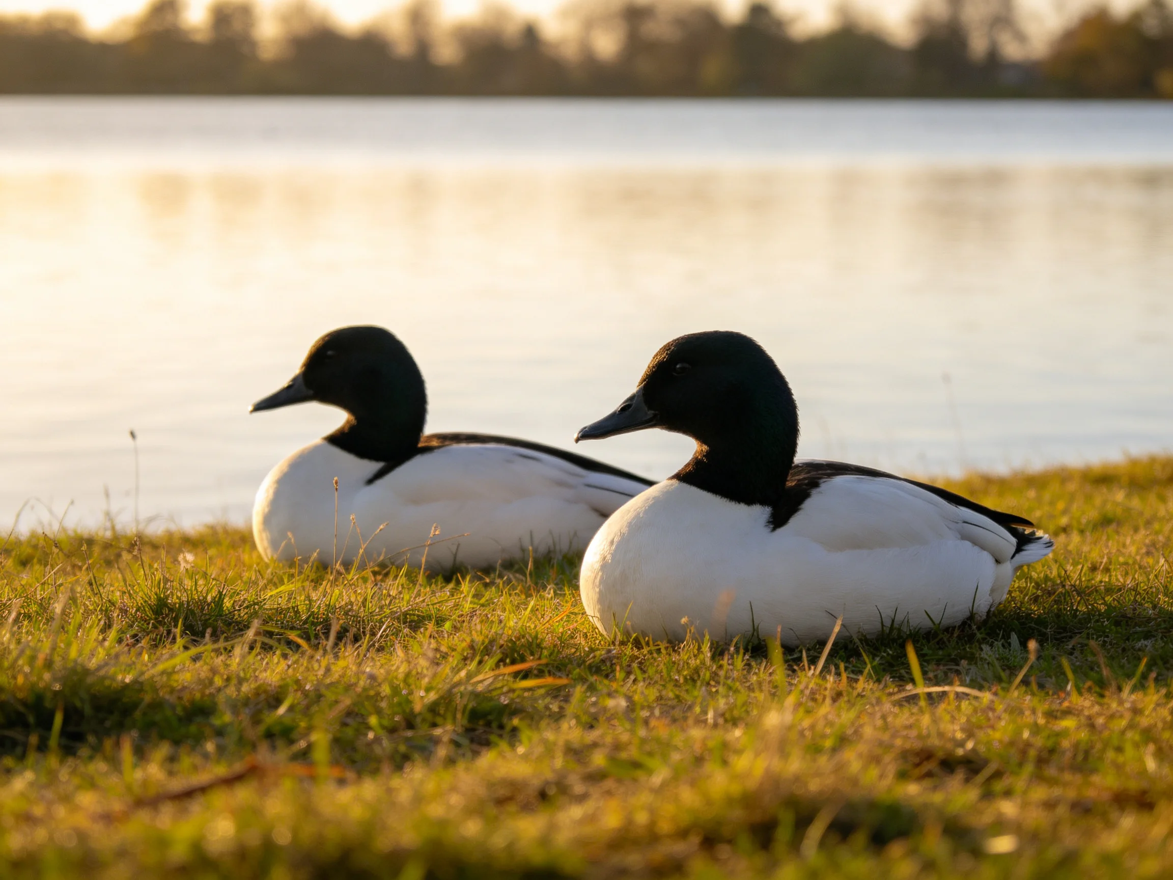 Two black-headed ducks rest on grass by a calm lake at golden hour