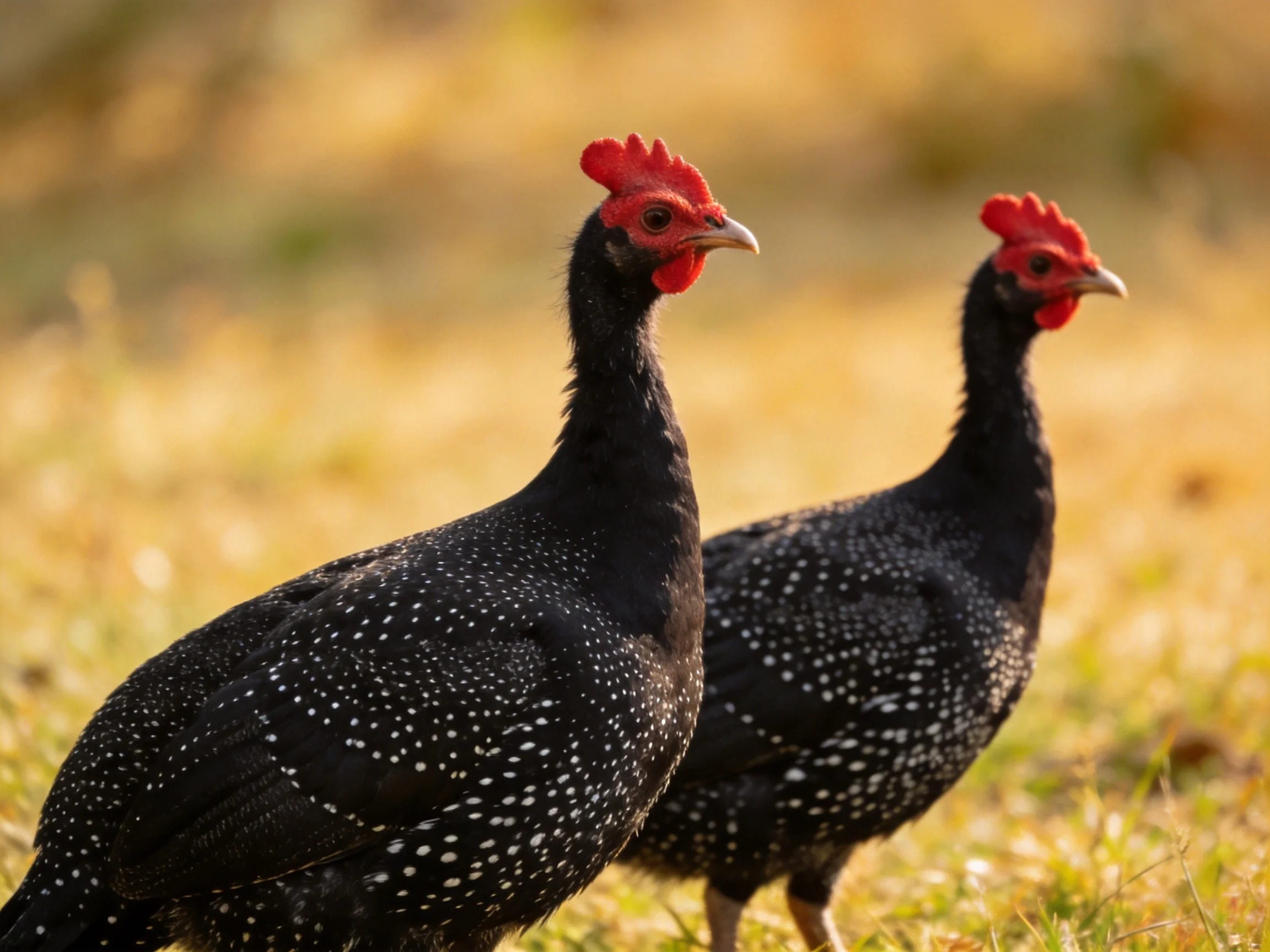Two black speckled guineafowl with red combs in a sunlit grassy area