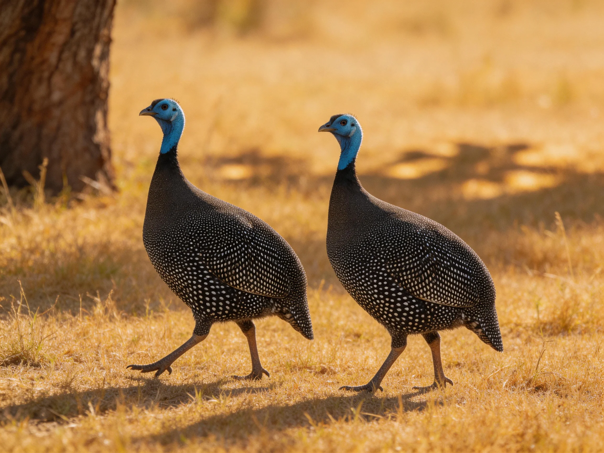 Two blue-headed guineafowl walk on golden savannah grass near a tree trunk.