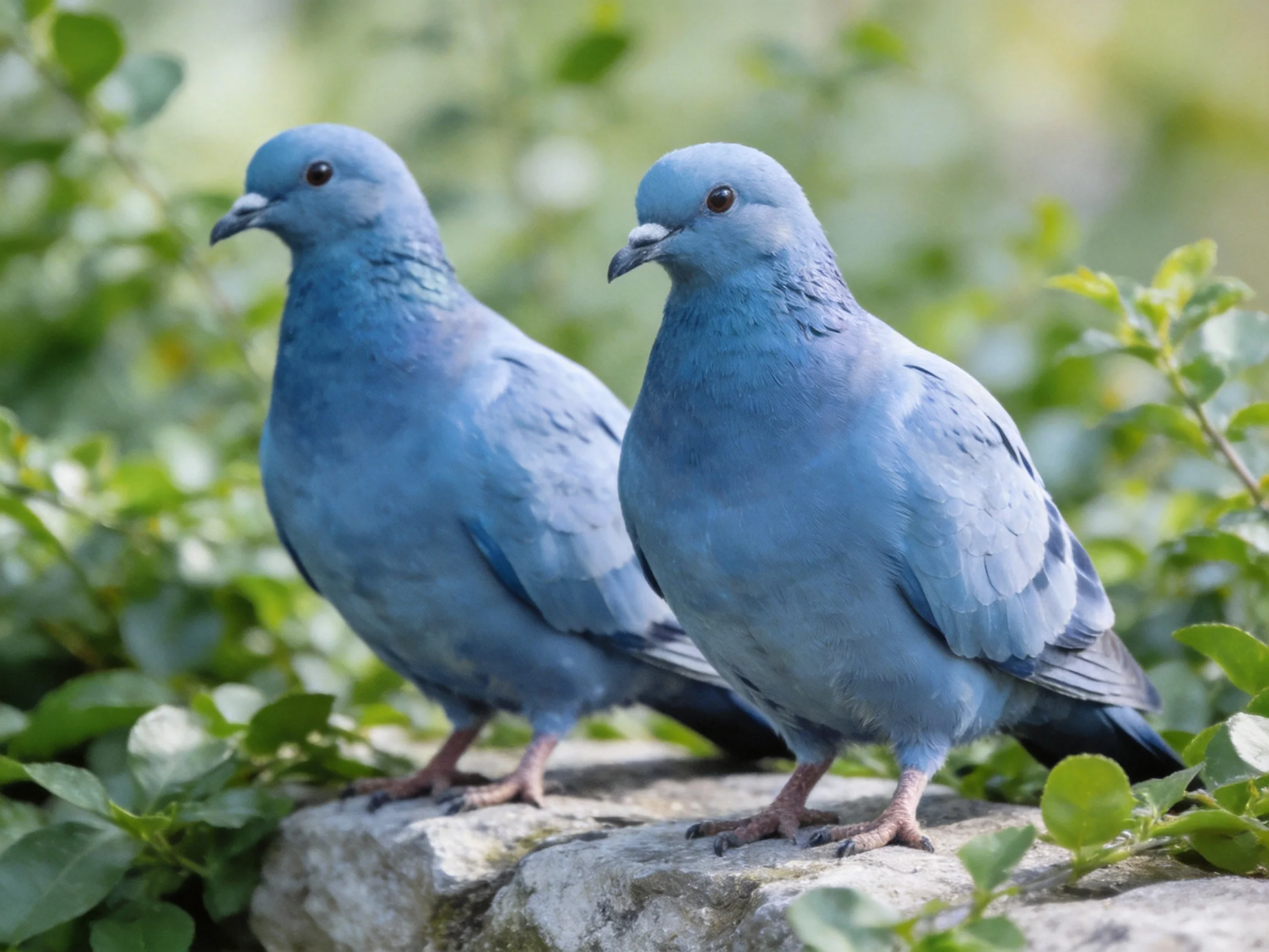 Two bright blue birds rest on a stone ledge amid lush green foliage