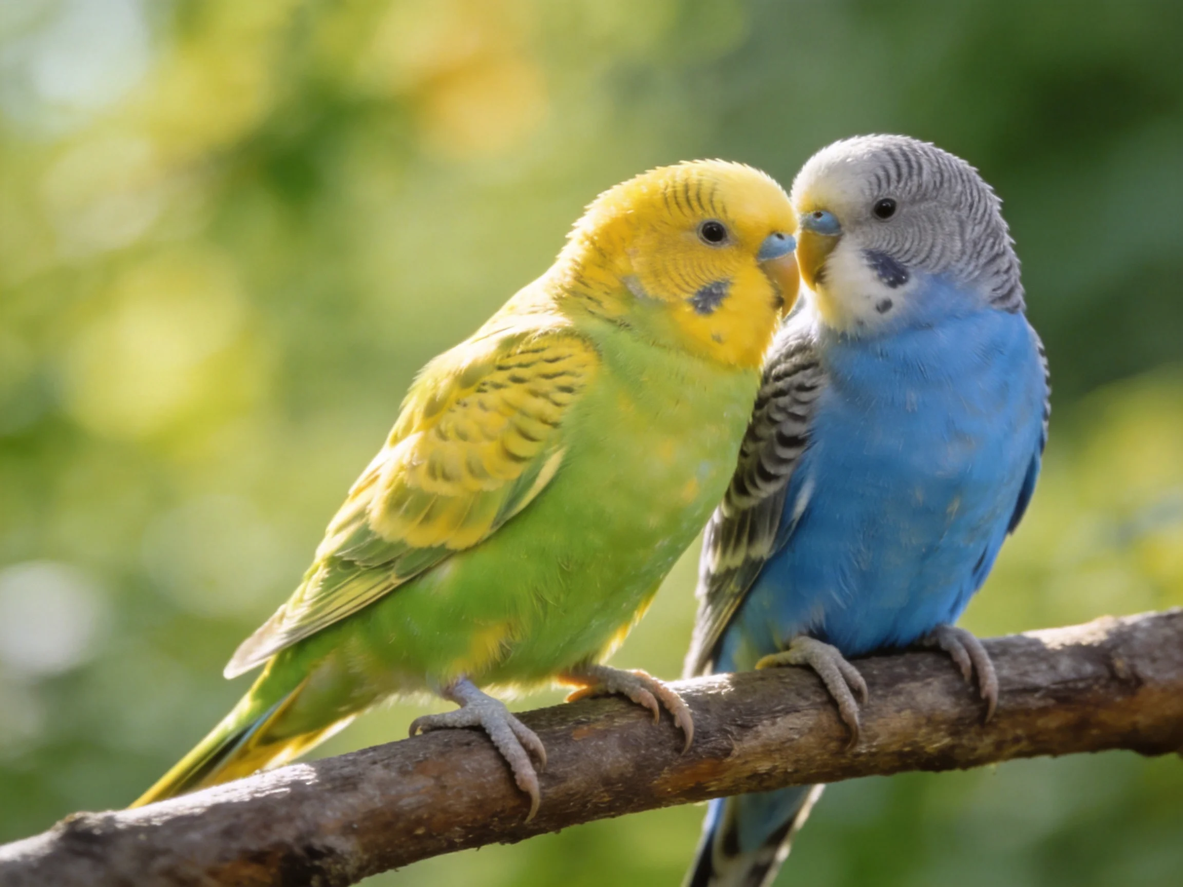 Two brightly colored budgerigars nuzzle on a wooden branch amid lush greenery