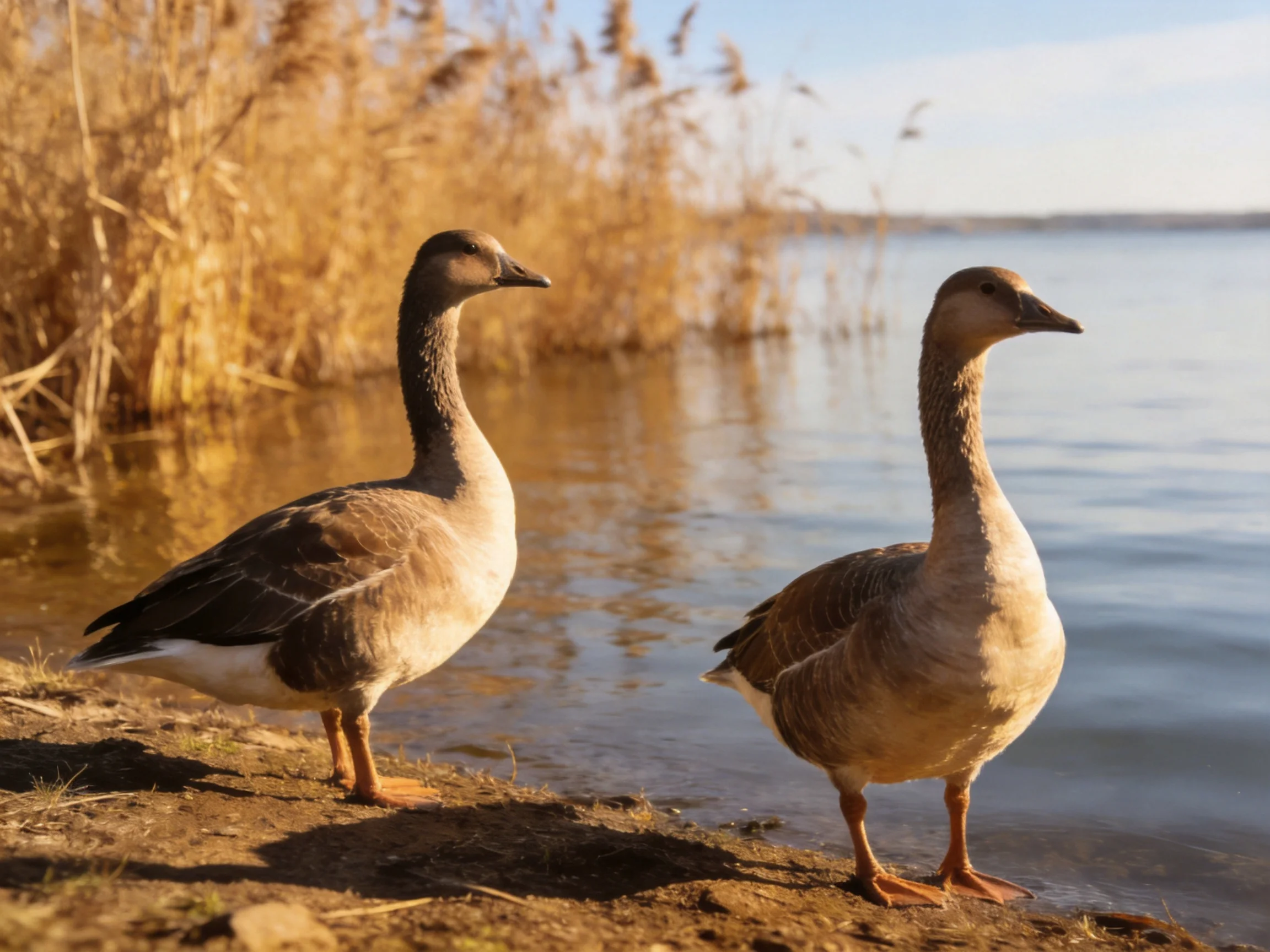 Two brown and beige geese stand by a calm lake with golden reeds