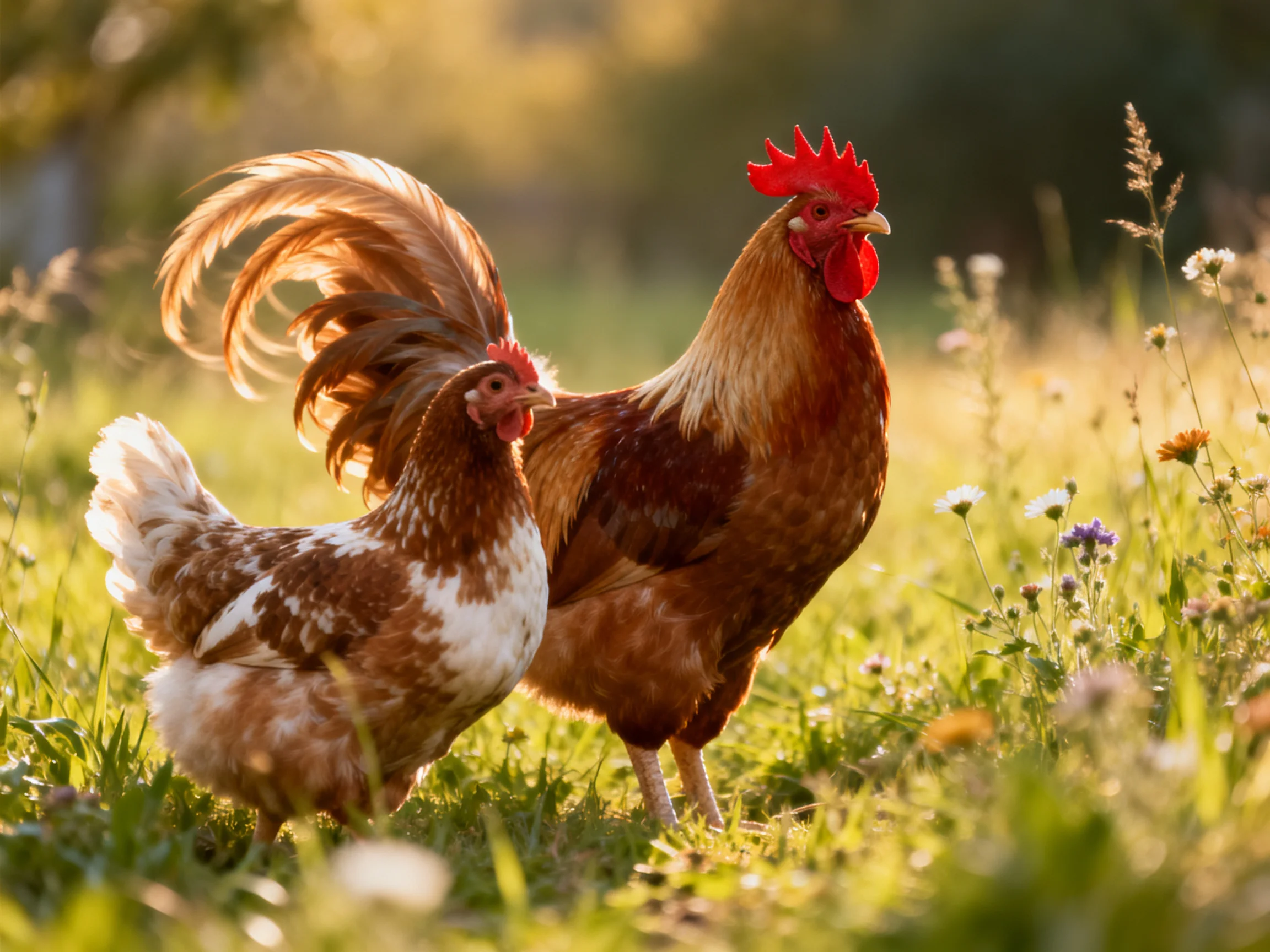 Two brown and white chickens in a sunlit green meadow with wildflowers