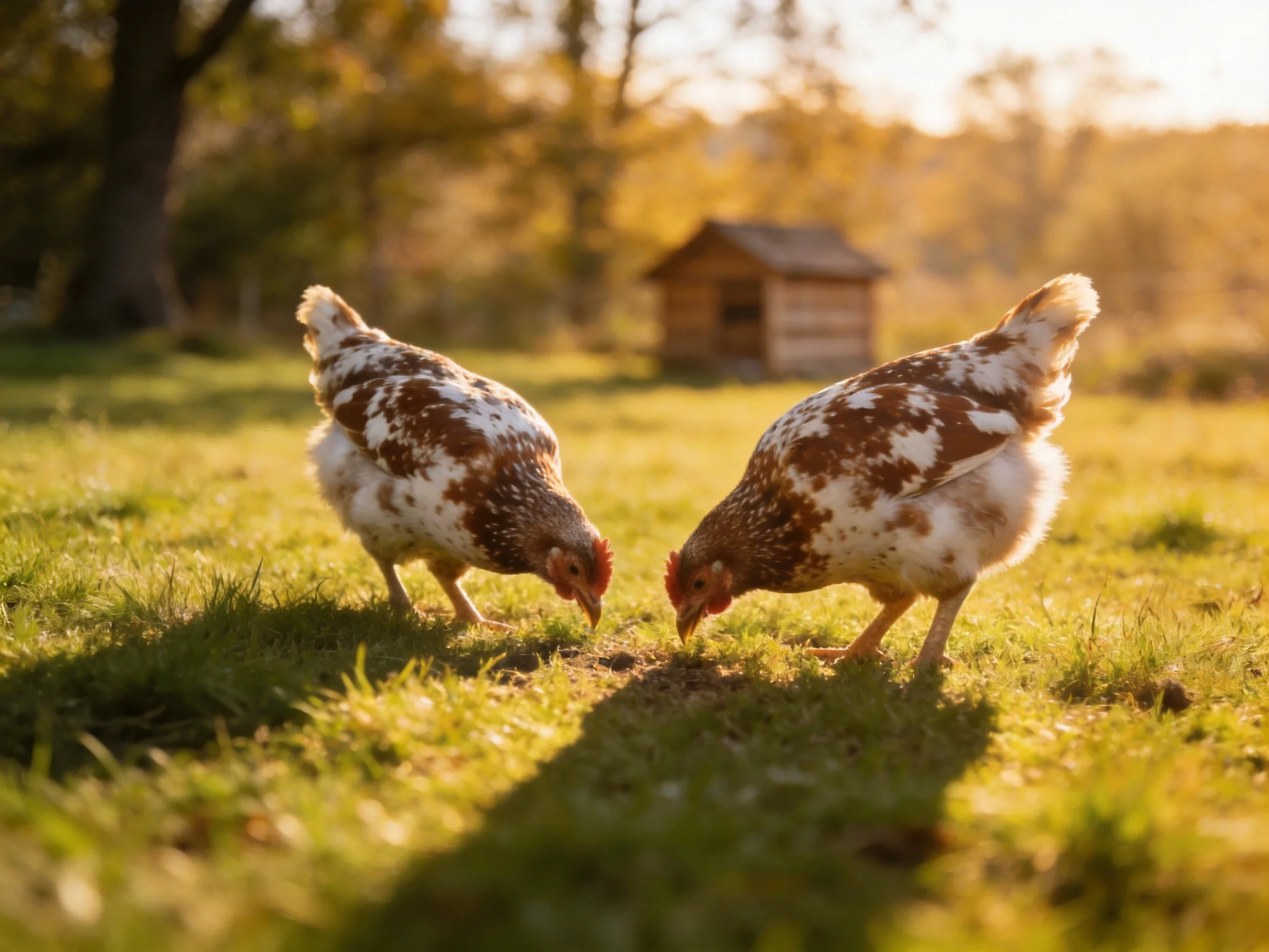 Two brown-and-white chickens pecking at grass near a wooden chicken coop
