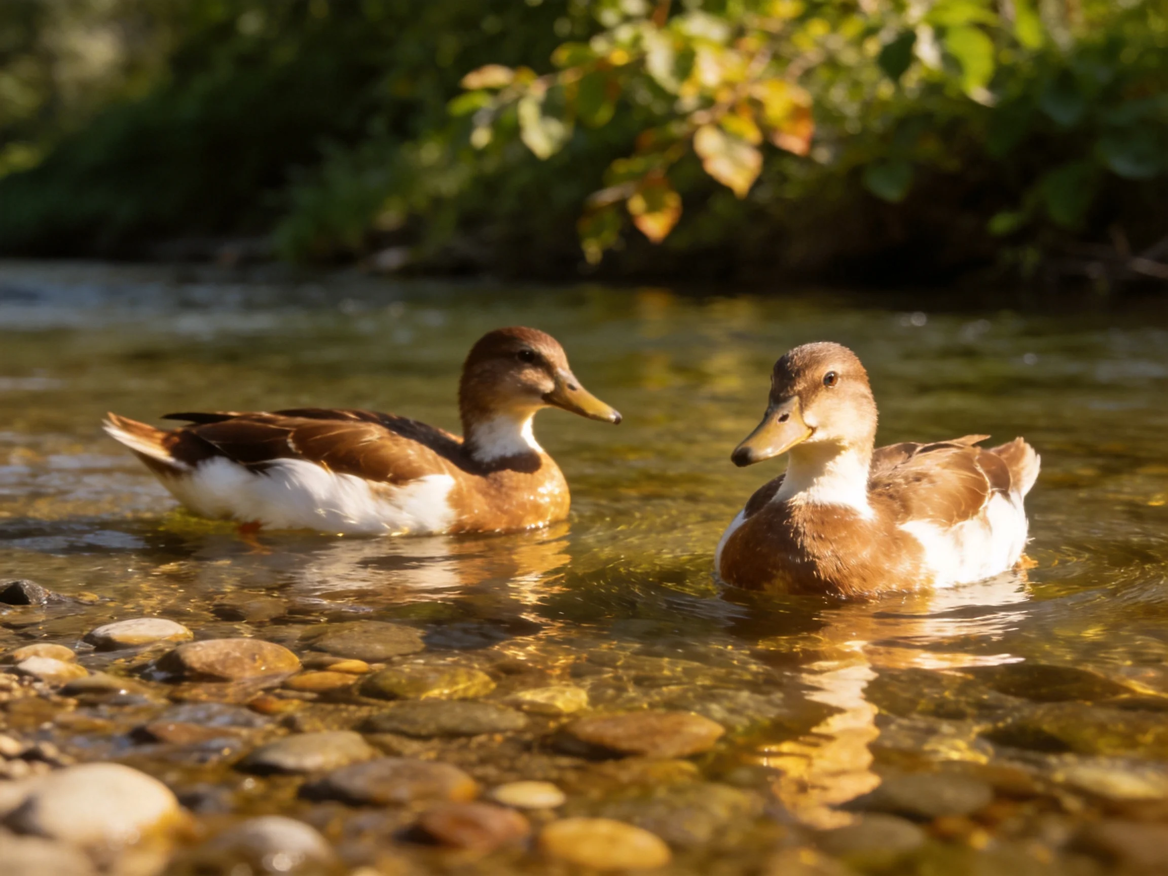 Two brown and white ducks swim in a sunlit stream with smooth pebbles