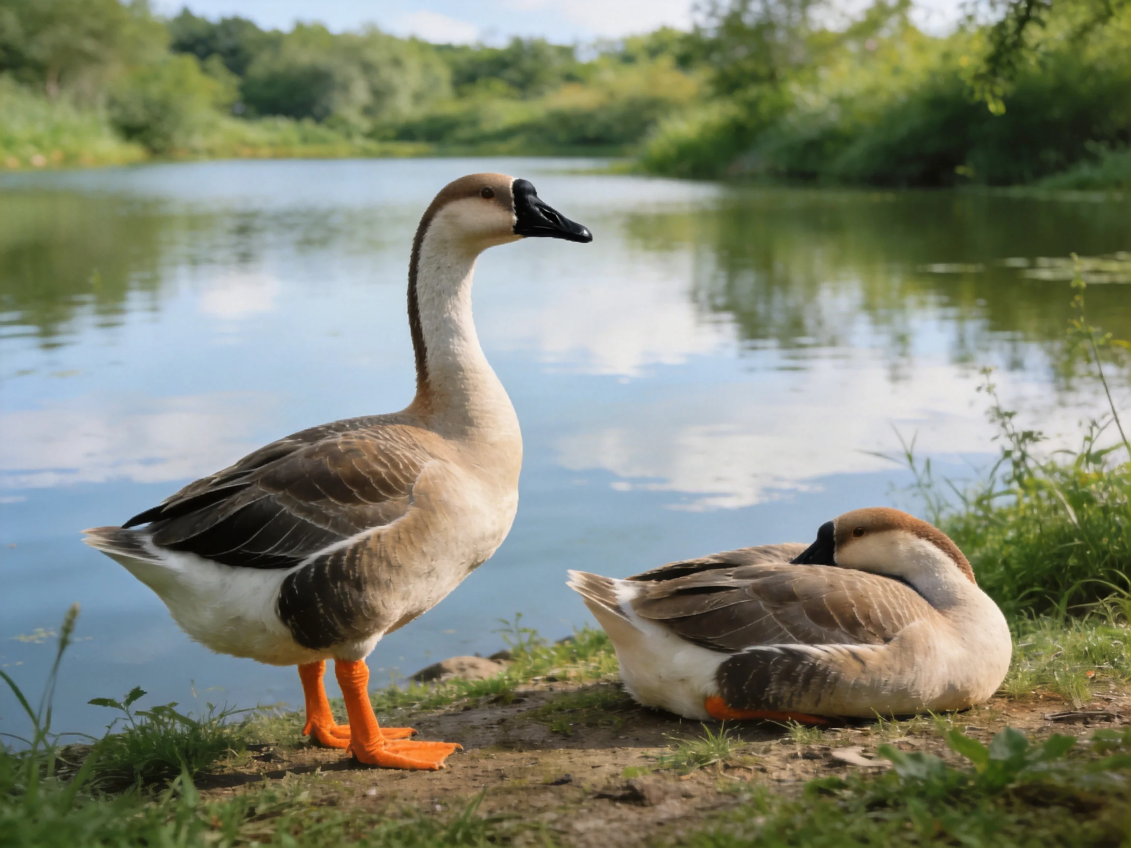 Two brown and white geese near a tranquil riverbank