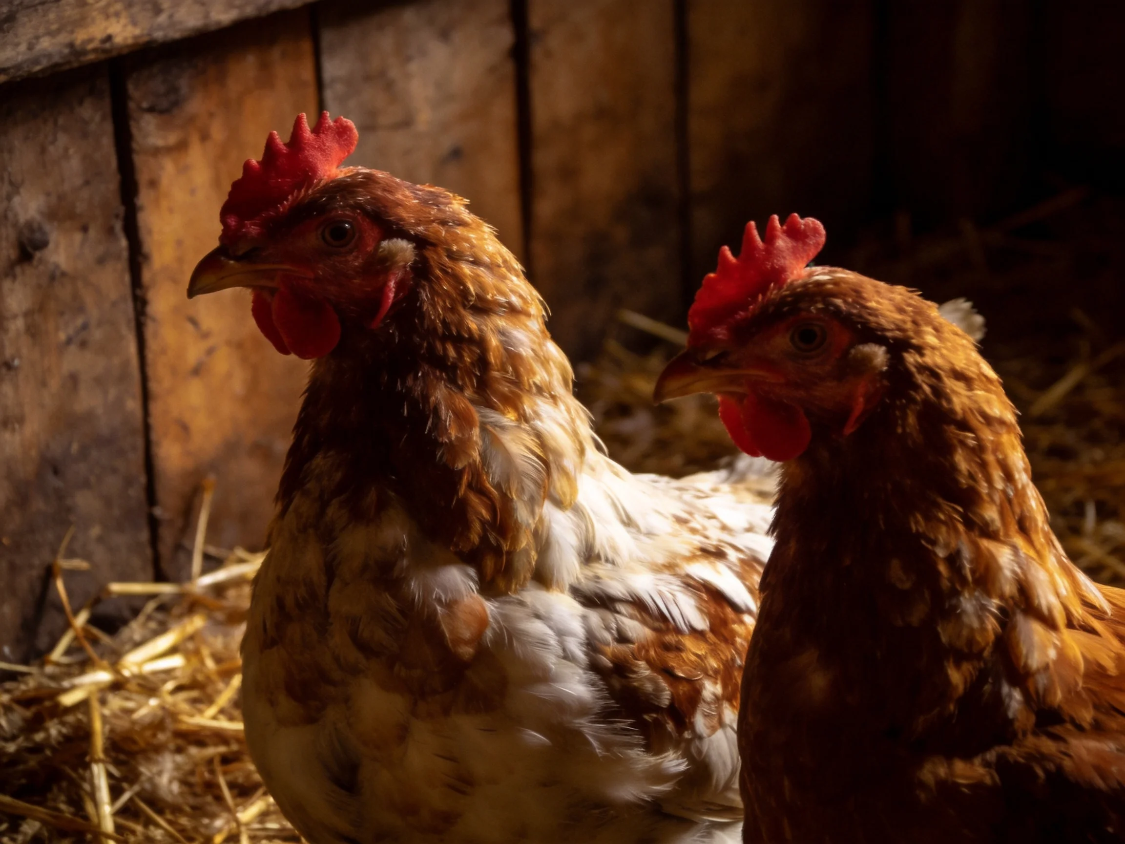 Two brown and white hens with red combs in a wooden coop