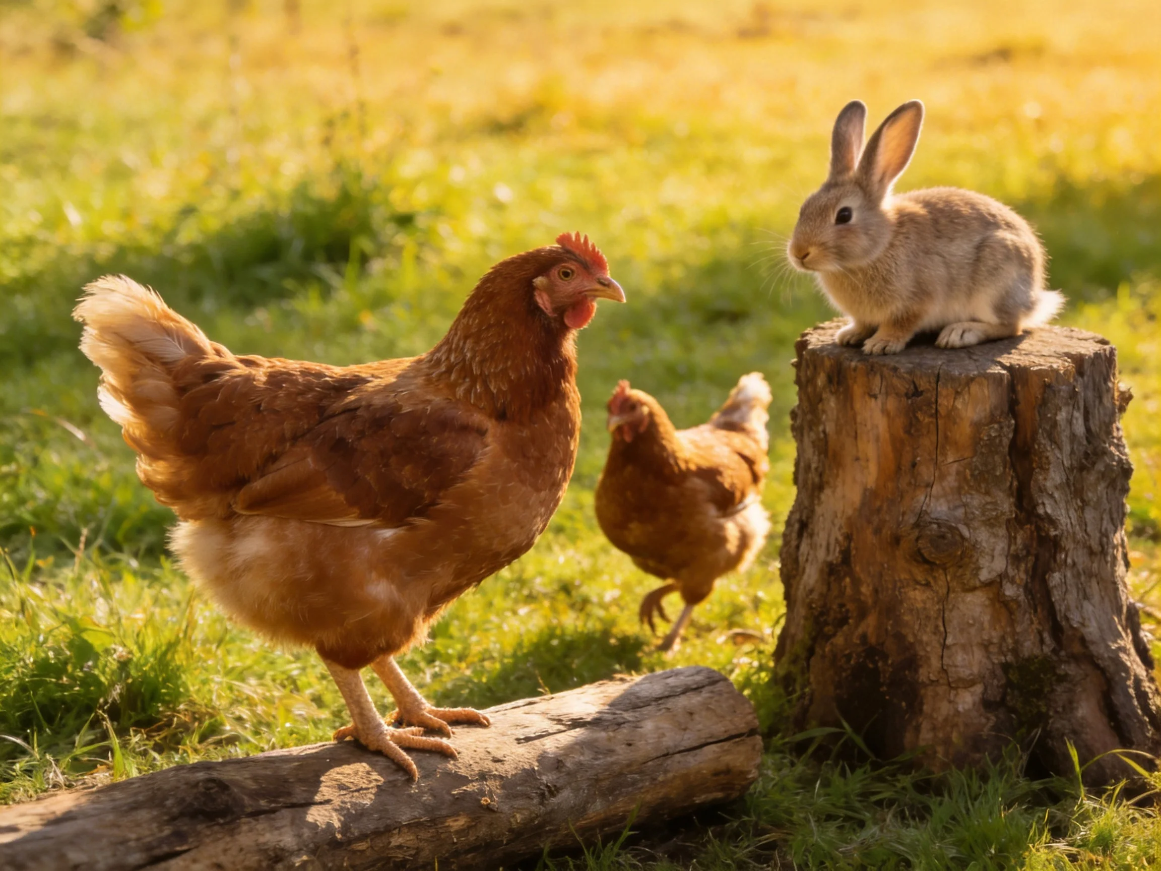 Two brown chickens, a gray rabbit, near wooden logs and a stump