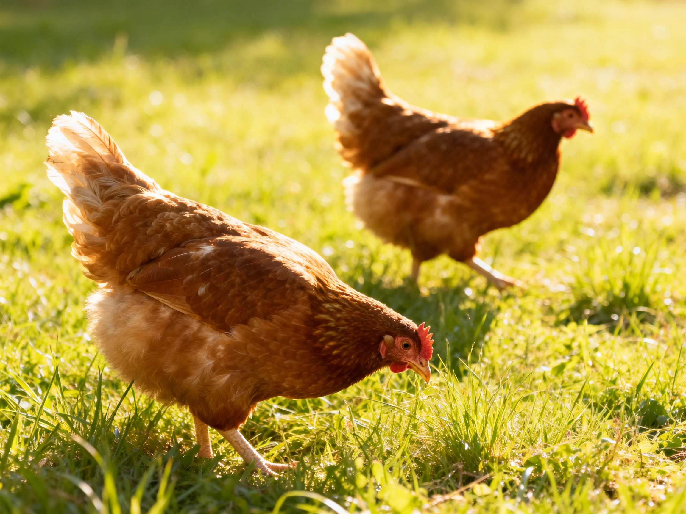Two brown chickens foraging in a sunlit green meadow