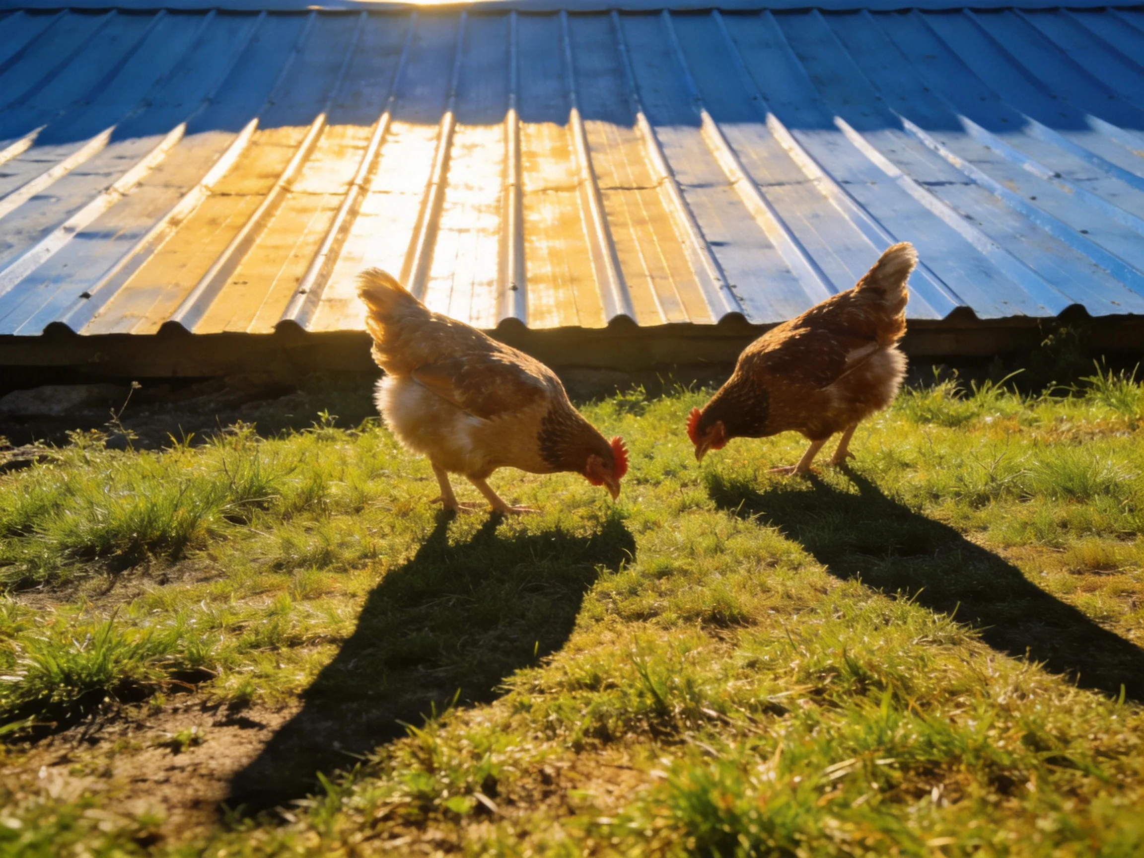 Two brown chickens foraging near a blue corrugated roof in golden sunlight
