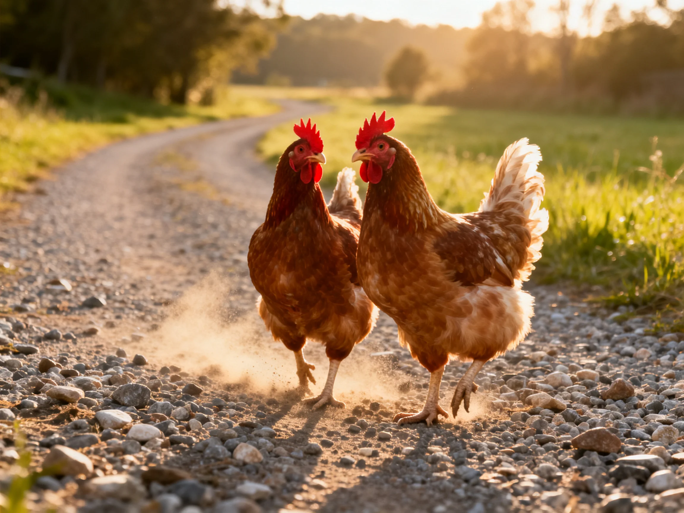 Two brown chickens walk on a dusty gravel path in golden-hour sunlight
