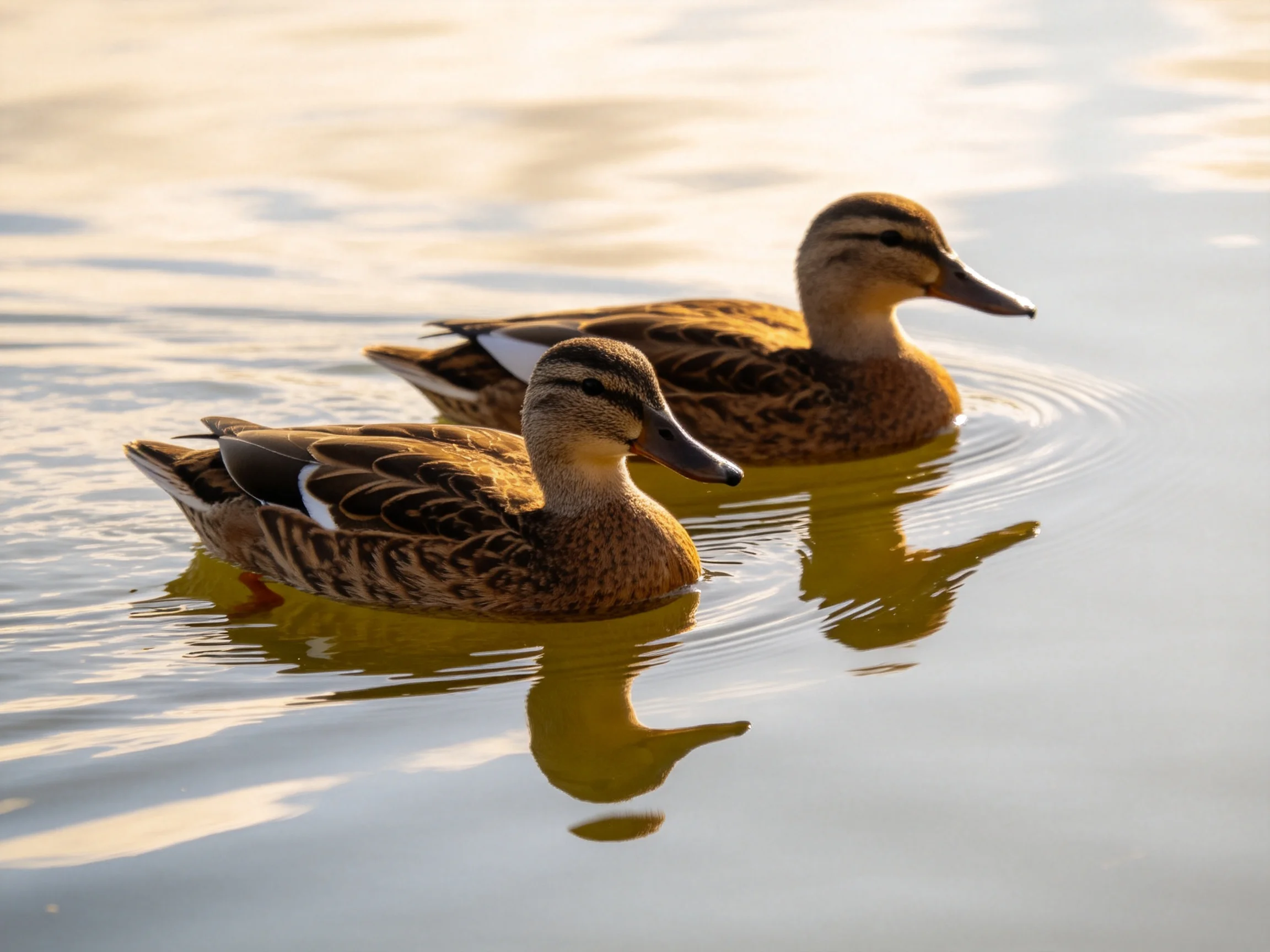 Two brown ducks glide across calm water reflecting golden light