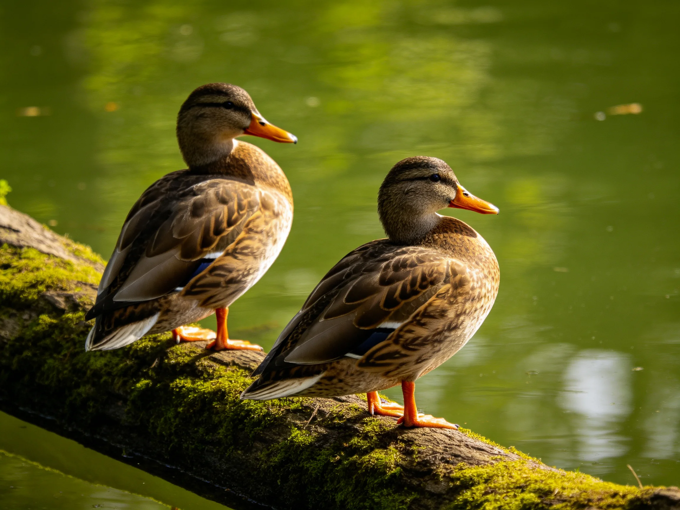 Two brown ducks perch on a moss-laden log by serene green water