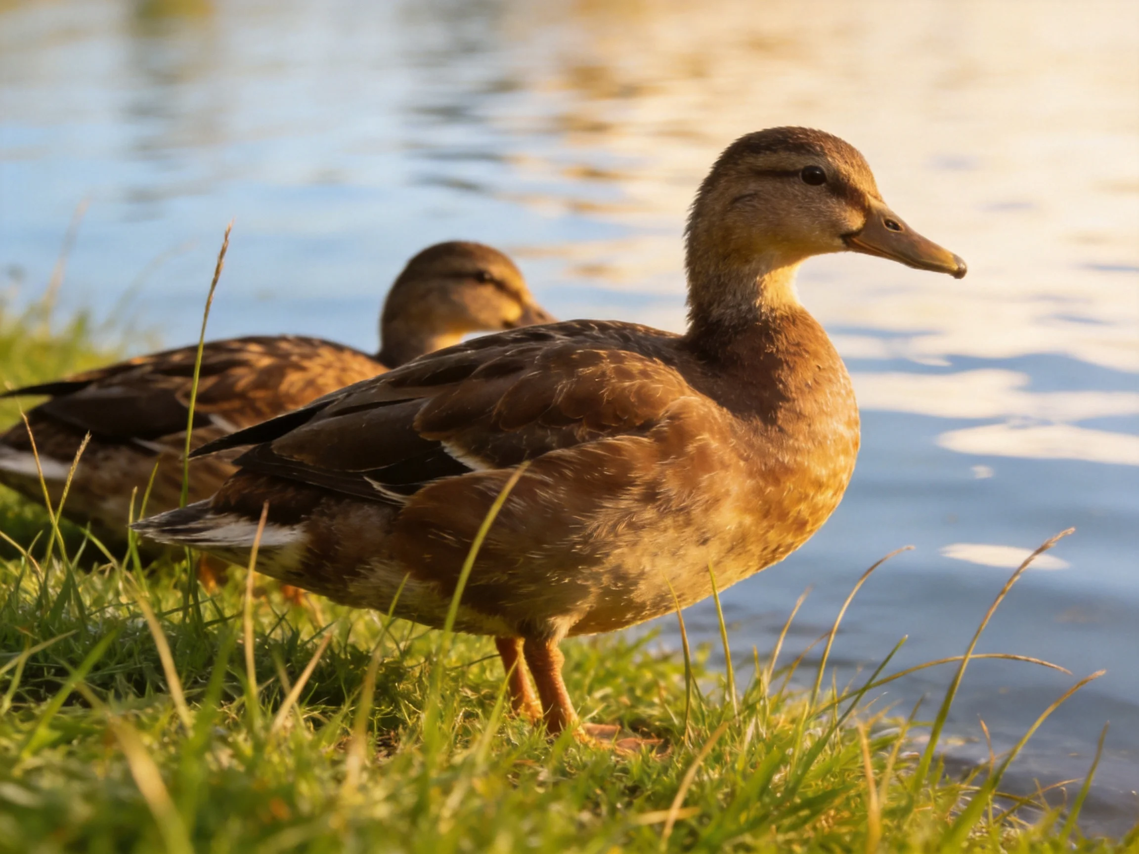 Two brown ducks rest by calm blue water with lush green grass
