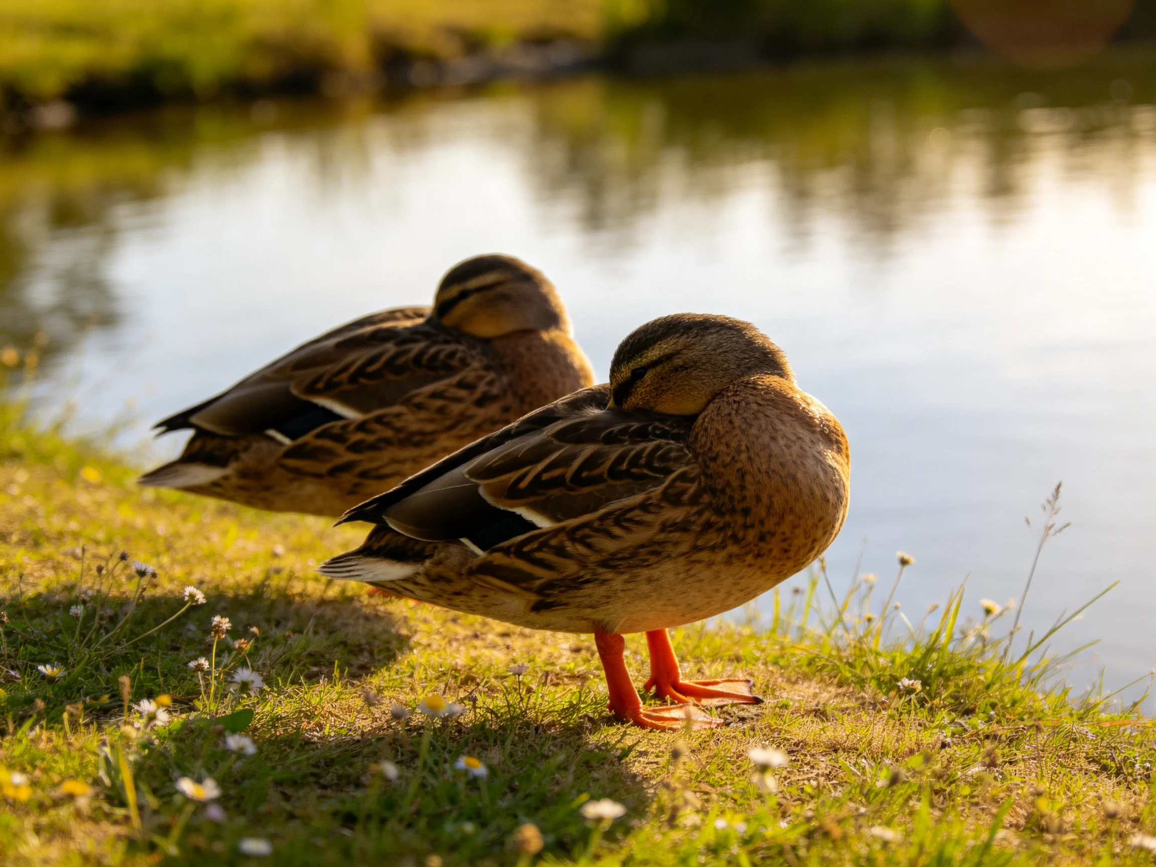 Two brown ducks rest on a grassy lakeside bank with small white flowers