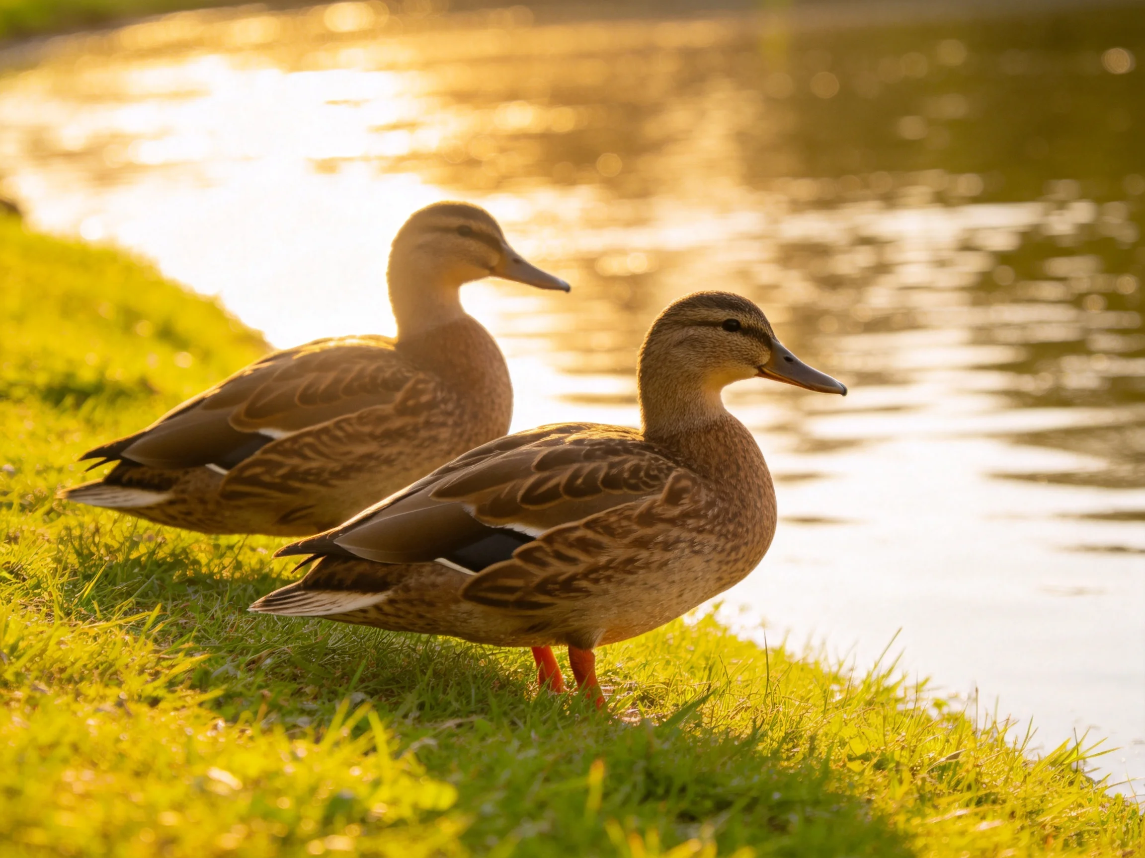 Two brown ducks rest on a green grassy shore near calm water