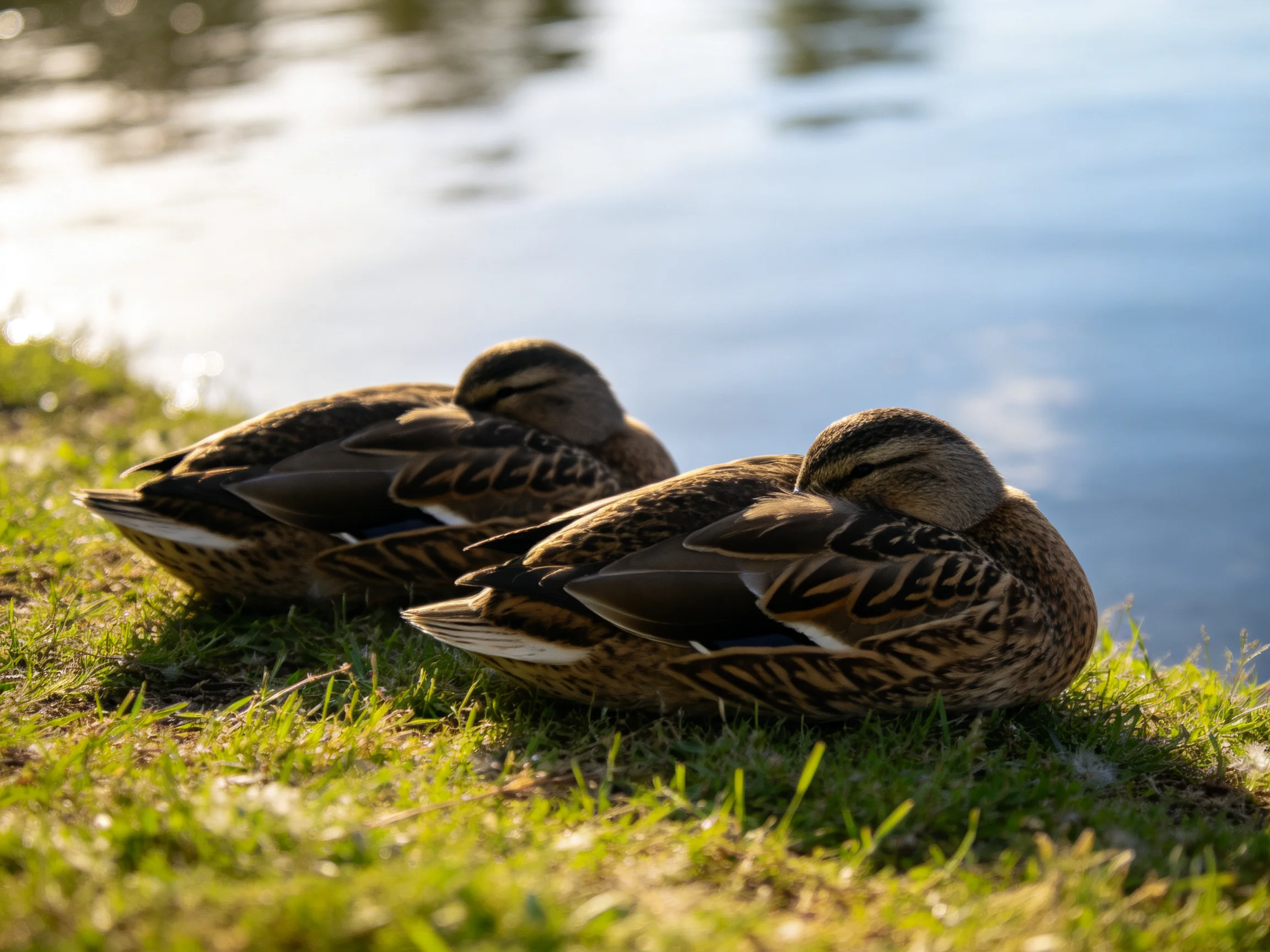 Two brown ducks rest on green grass beside calm blue water