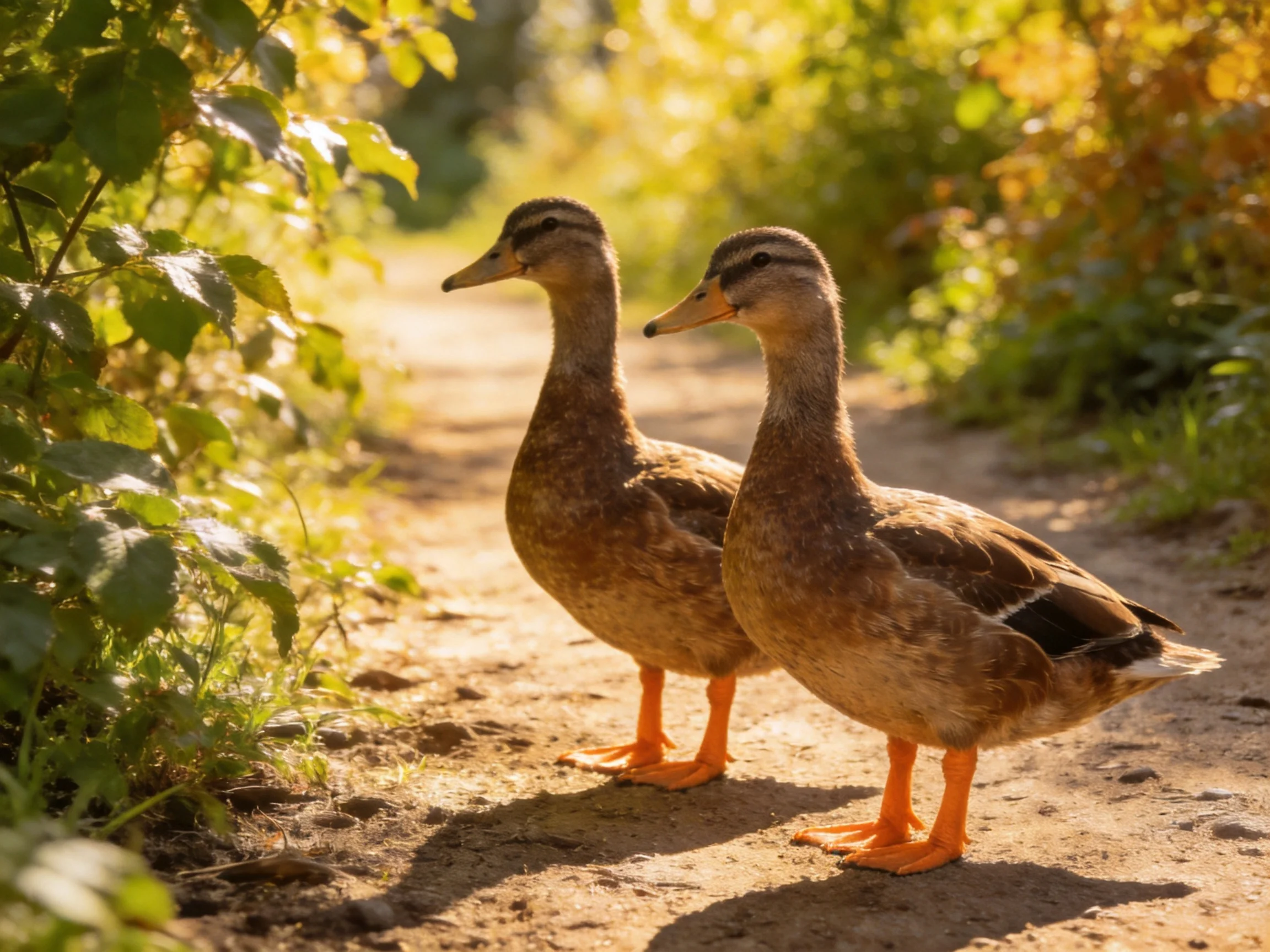Two brown ducks stand on a sun-dappled dirt path near lush vegetation