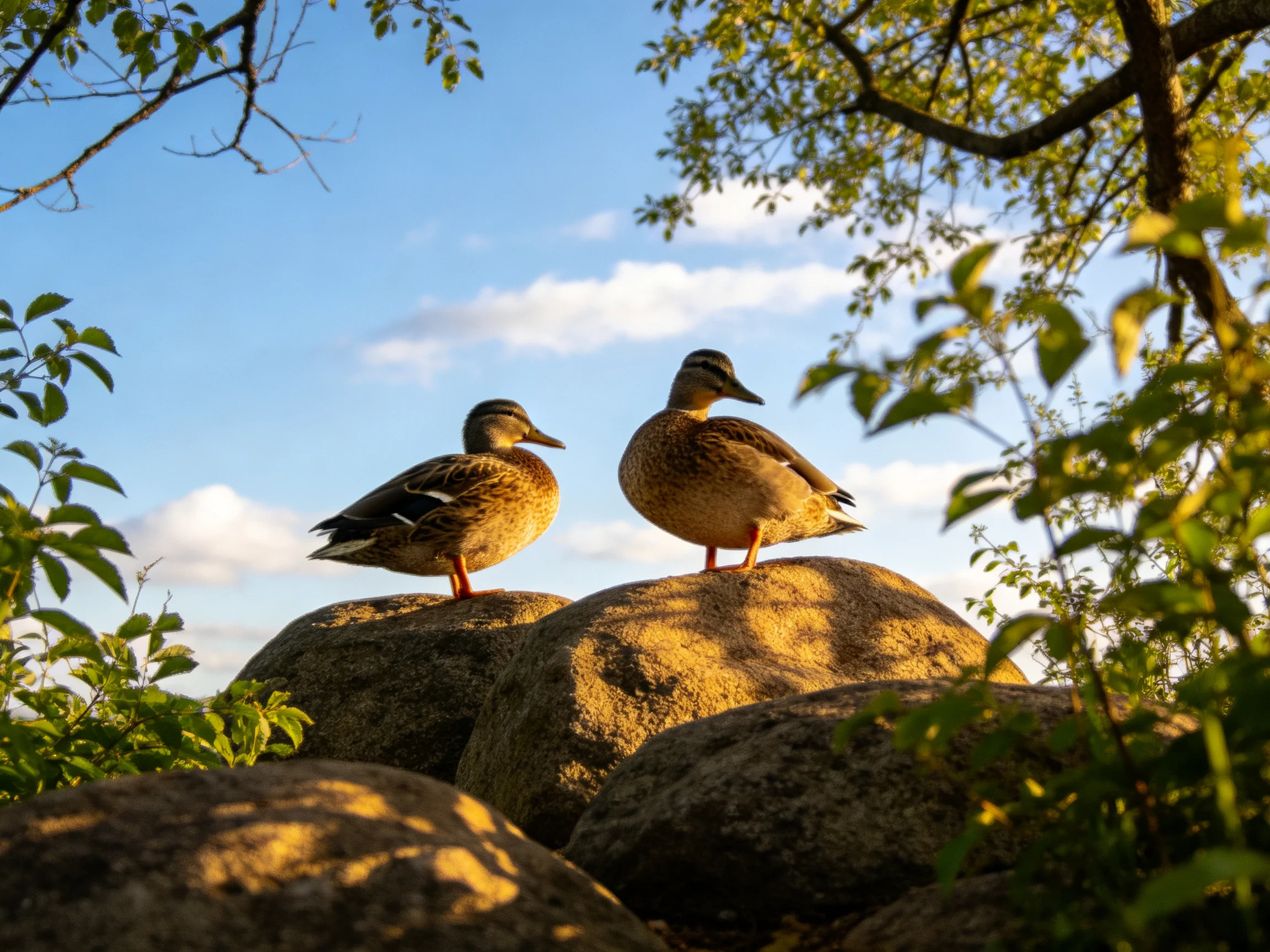 Two brown ducks stand on large rocks amid green foliage under bright sky