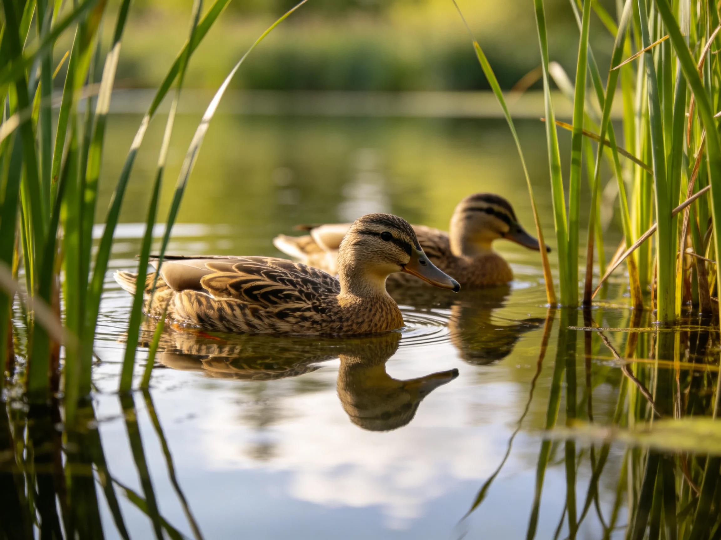 Two brown ducks swim amid tall green reeds in tranquil water