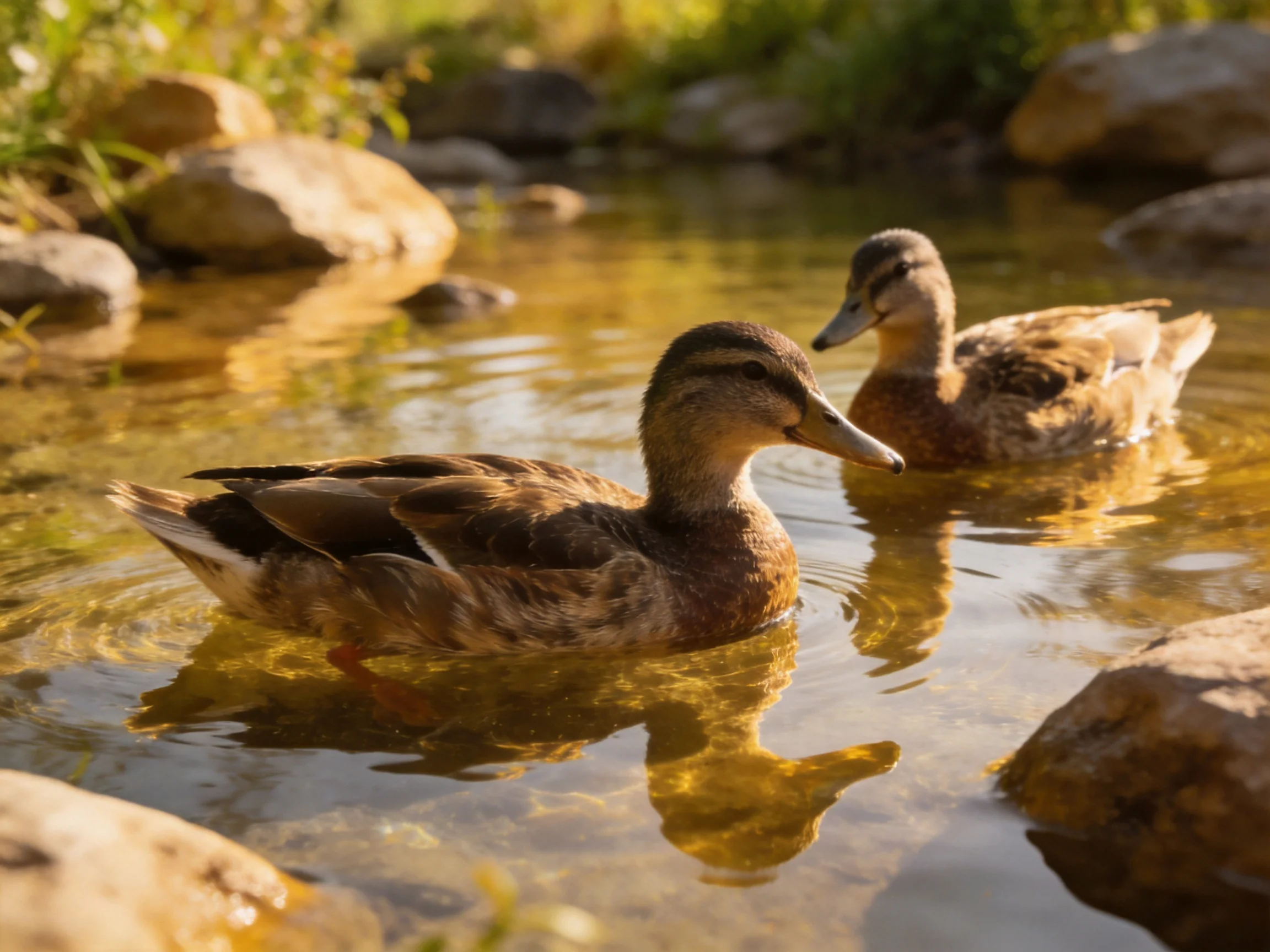 Two brown ducks swim in a clear, sunlit stream with rocky surroundings