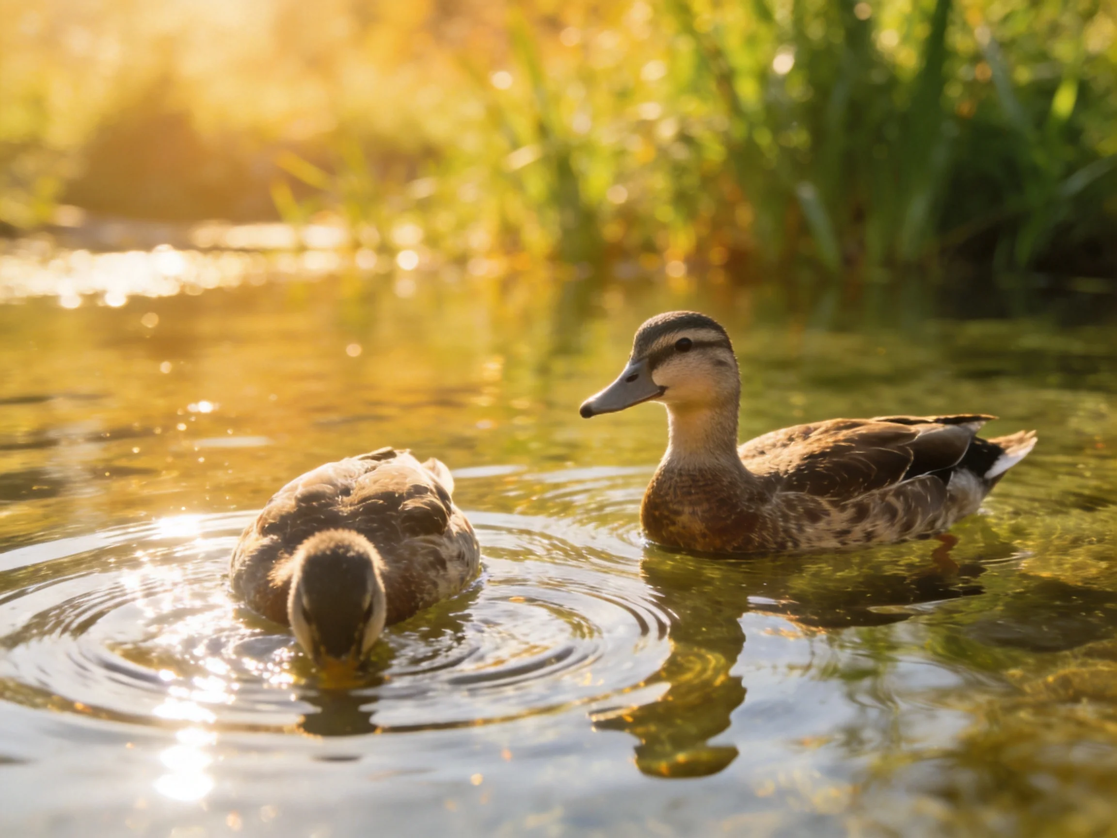 Two brown ducks swim in a sunlit stream near lush green vegetation
