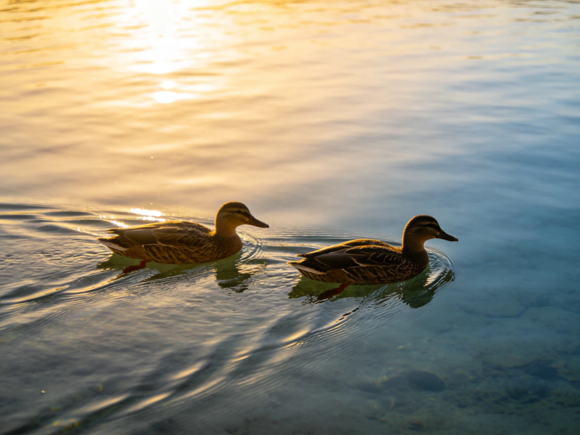 Two brown ducks swim in calm water under golden sunlight