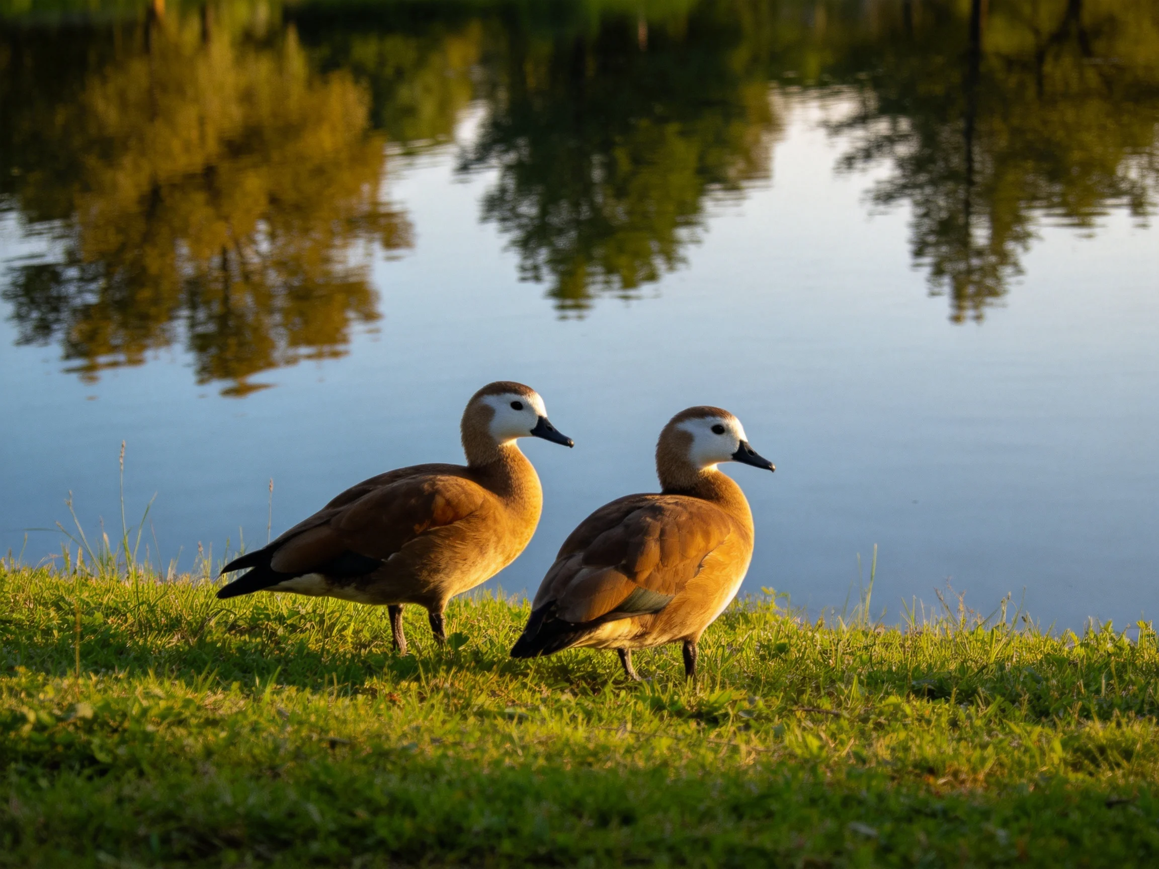 Two brown ducks with white faces on green grass by calm water