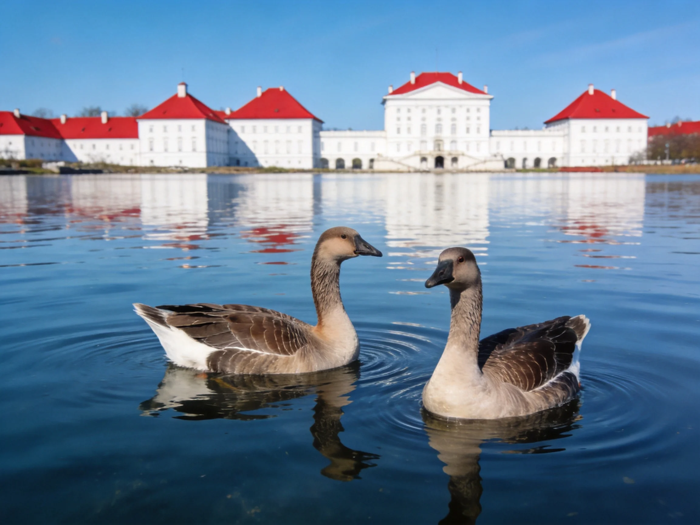 Two brown geese swim near a grand white building with red roofs