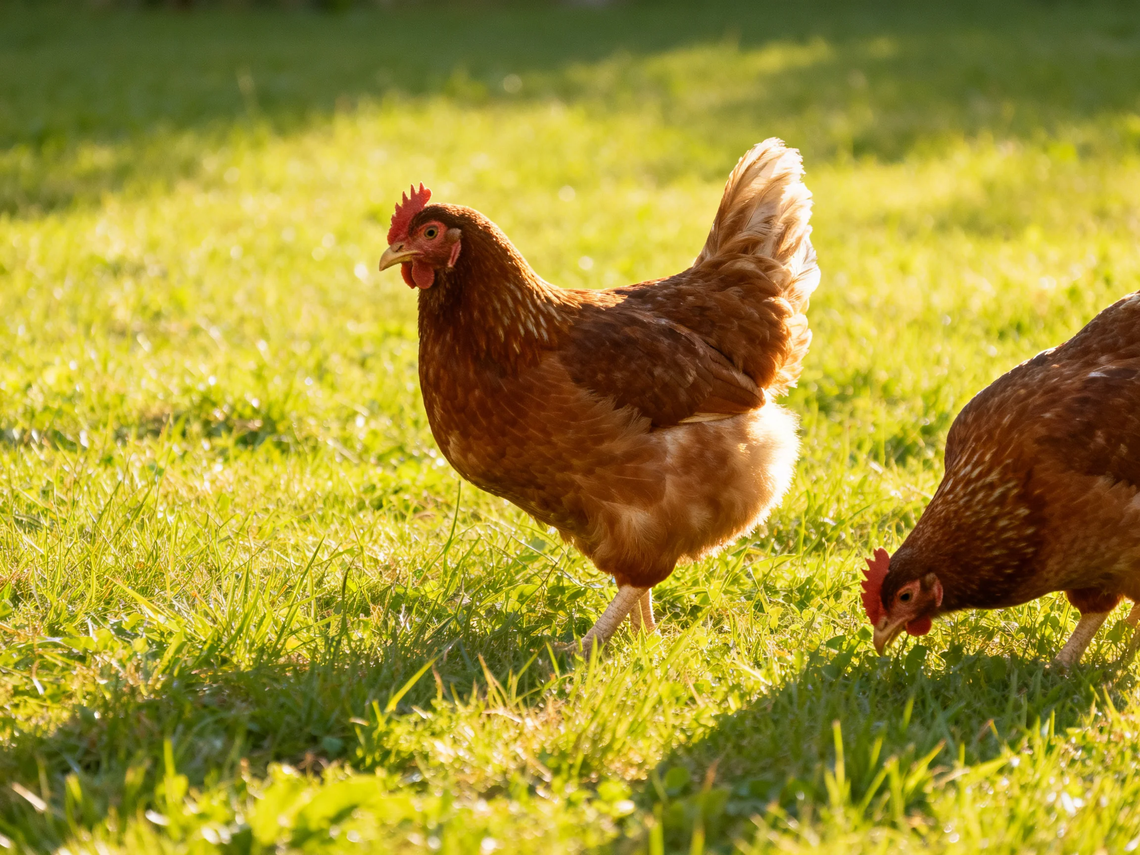 Two brown hens exploring a sunlit green pasture