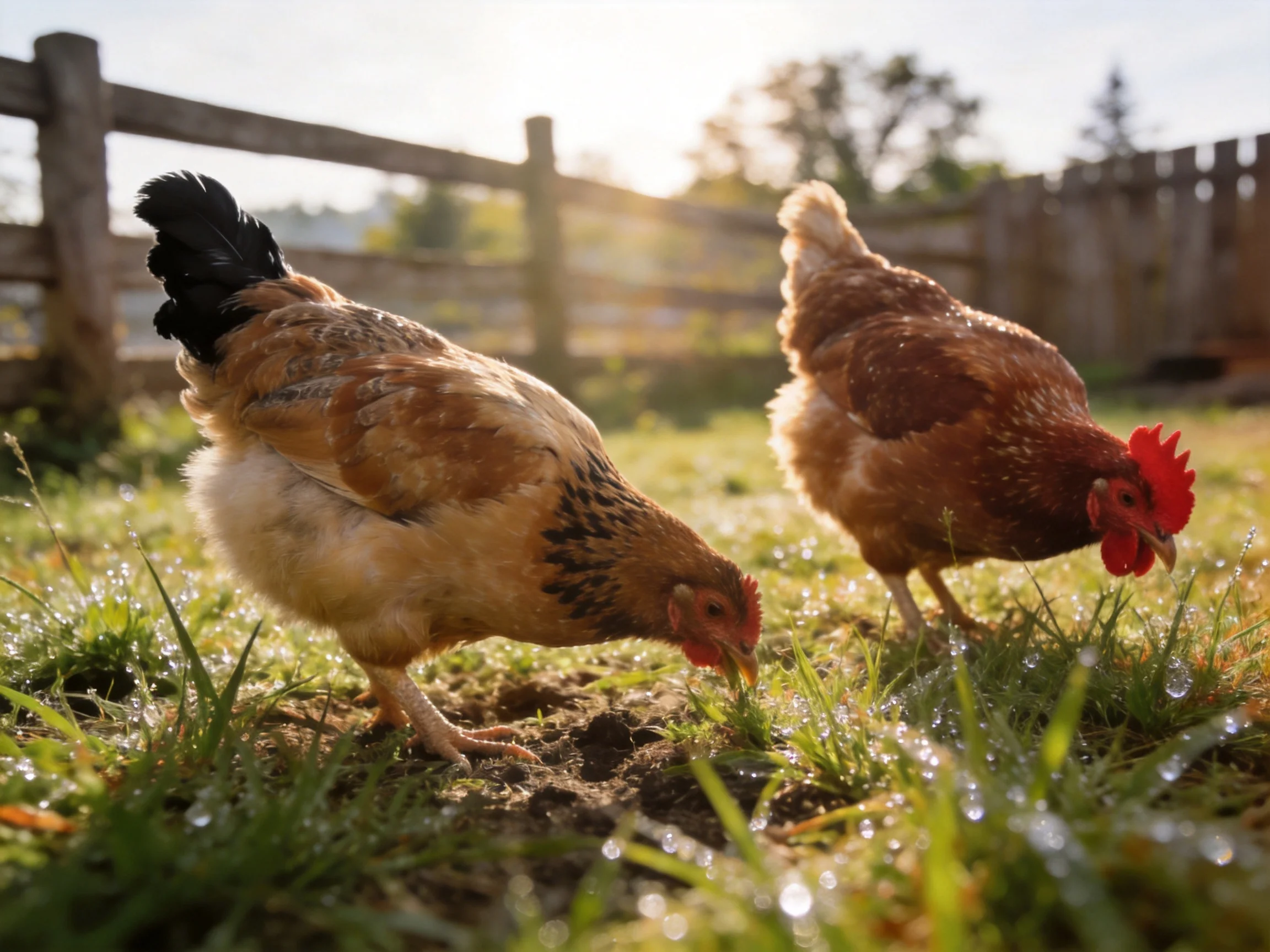 Two brown hens forage in dewy grass near a wooden fence