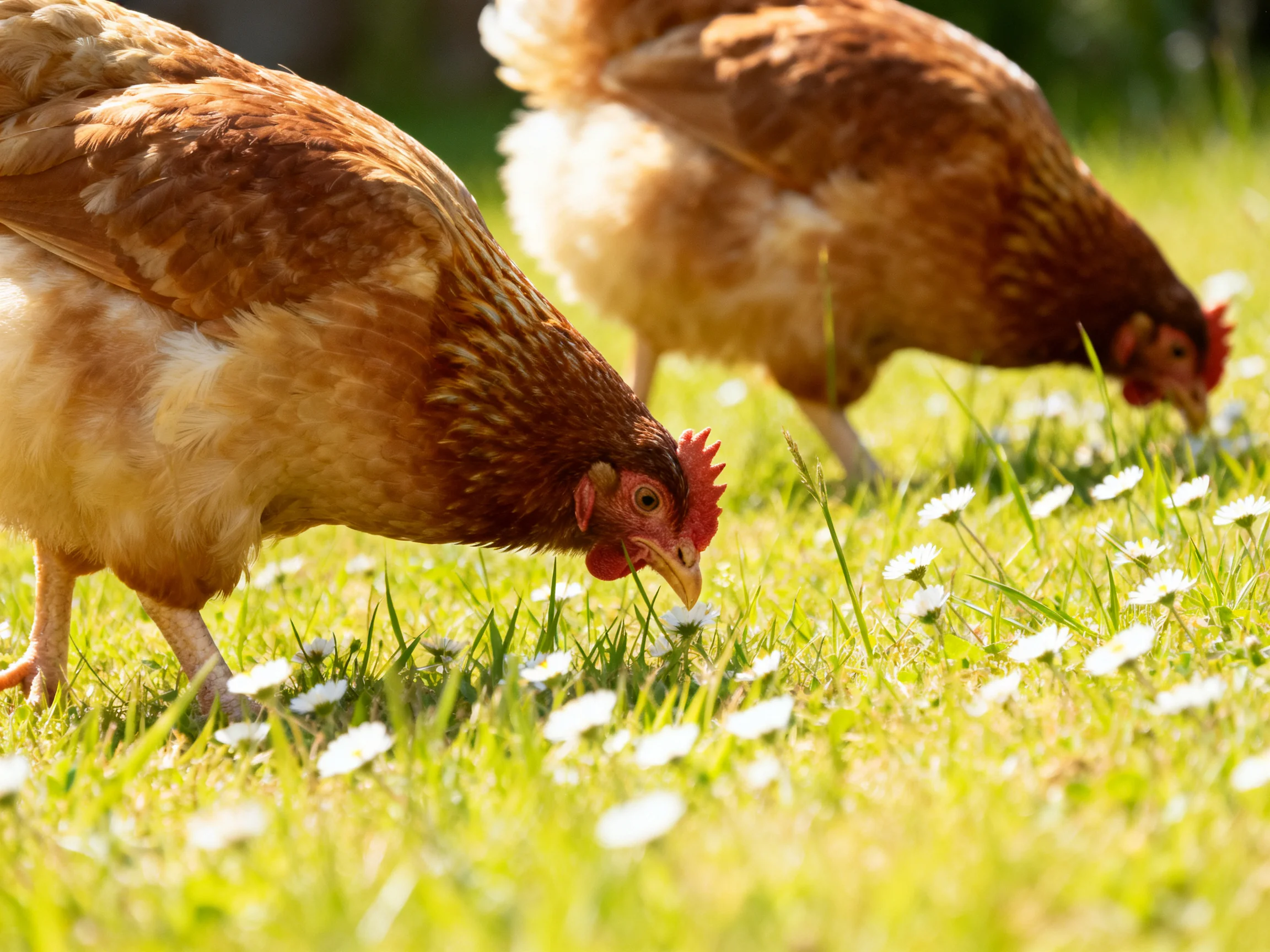 Two brown hens foraging in a flower-dotted green meadow