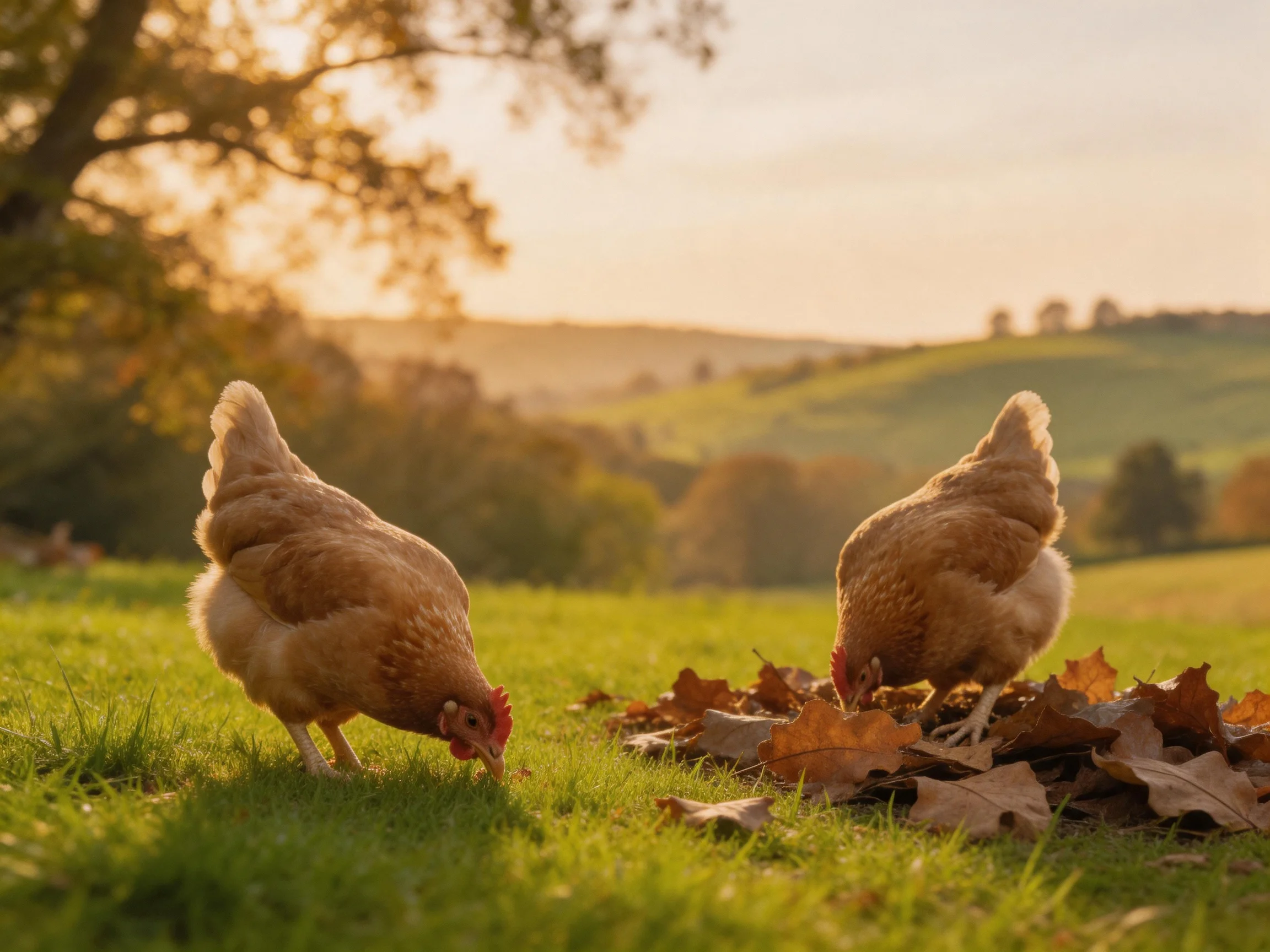 Two brown hens foraging in a sunlit grassy field with autumn leaves