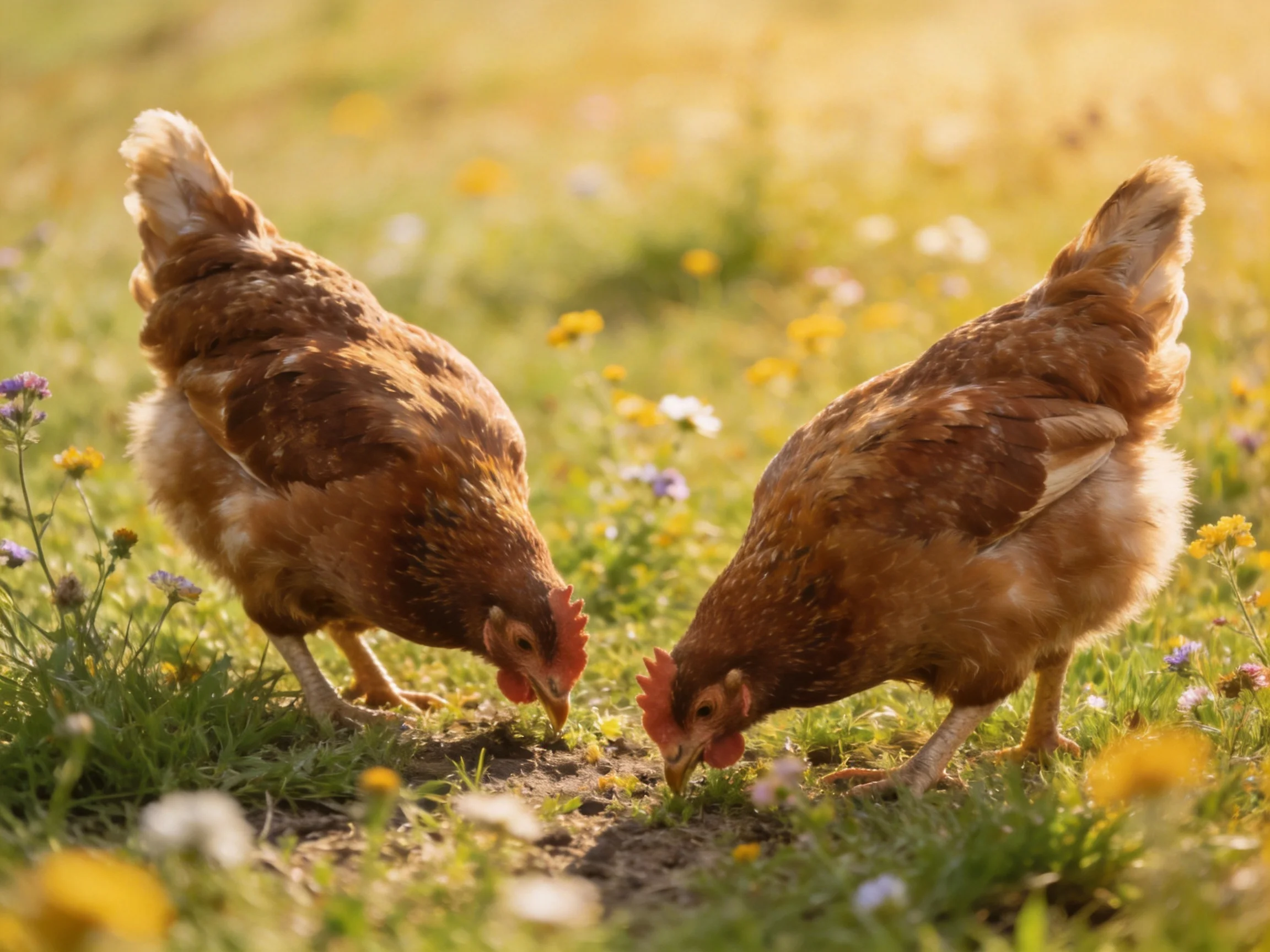 Two brown hens foraging in a sunlit meadow of wildflowers
