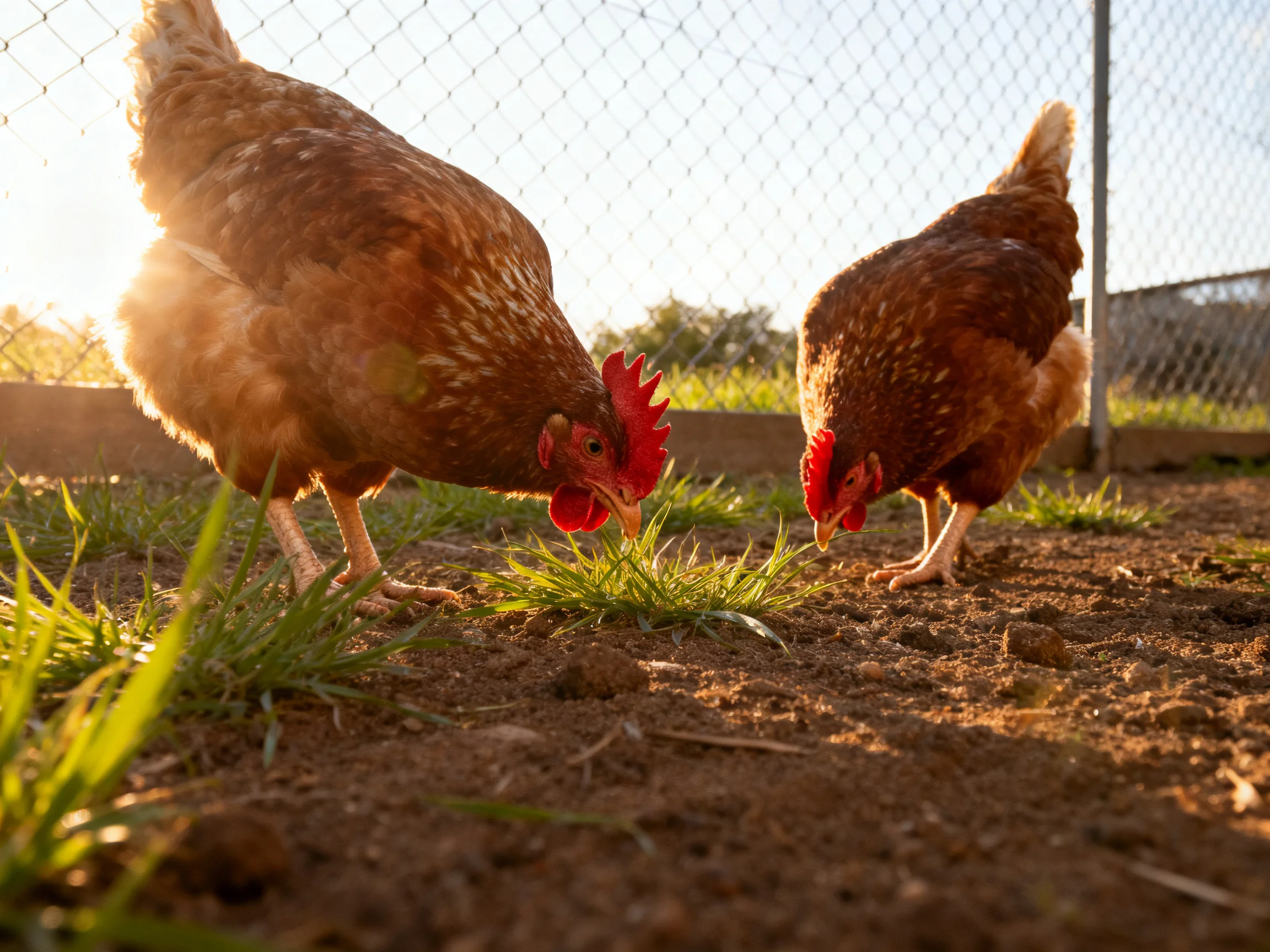 Two brown hens pecking grass near a chain-link fence