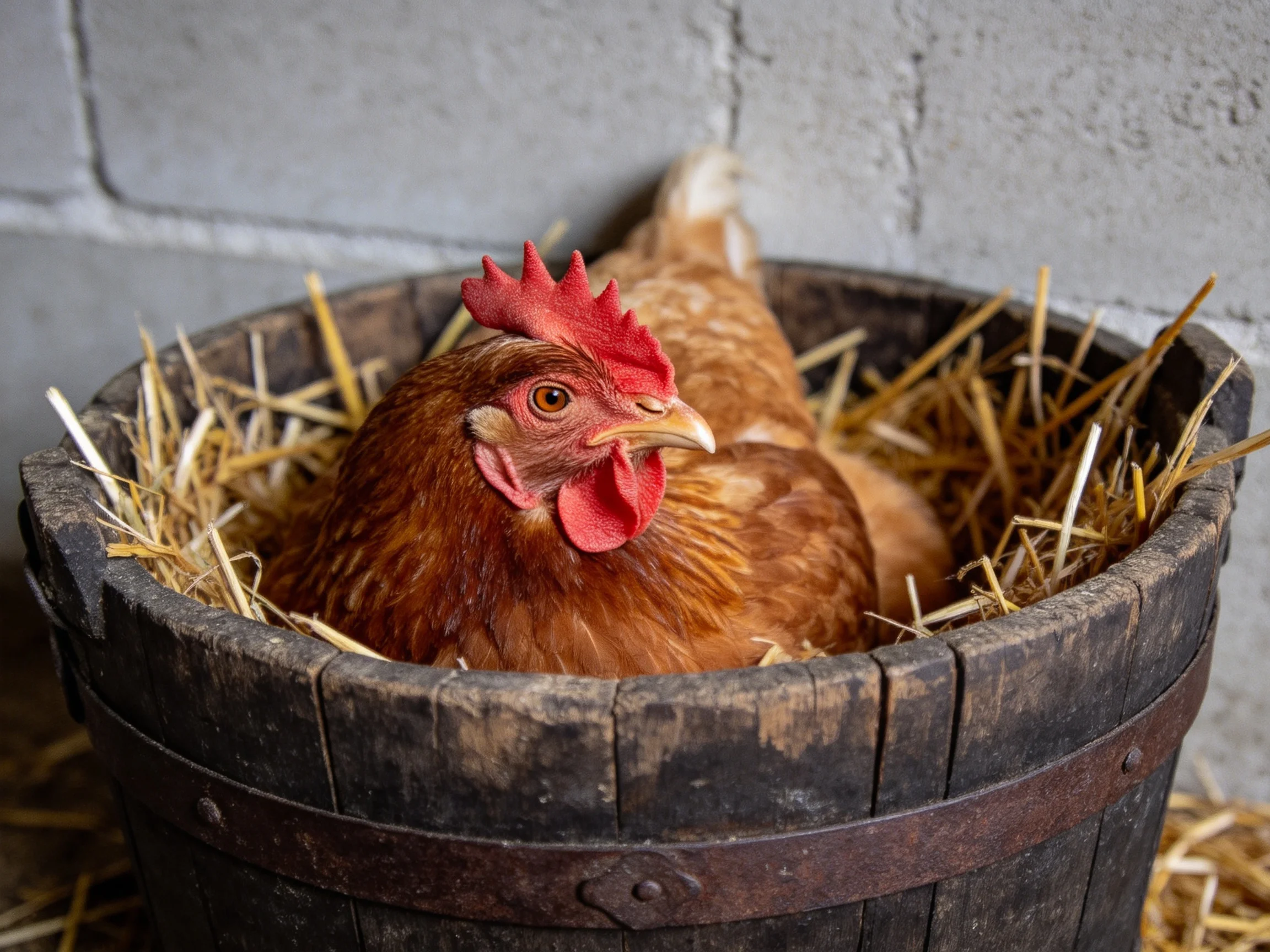 Two brown hens rest in an aged wooden barrel filled with straw