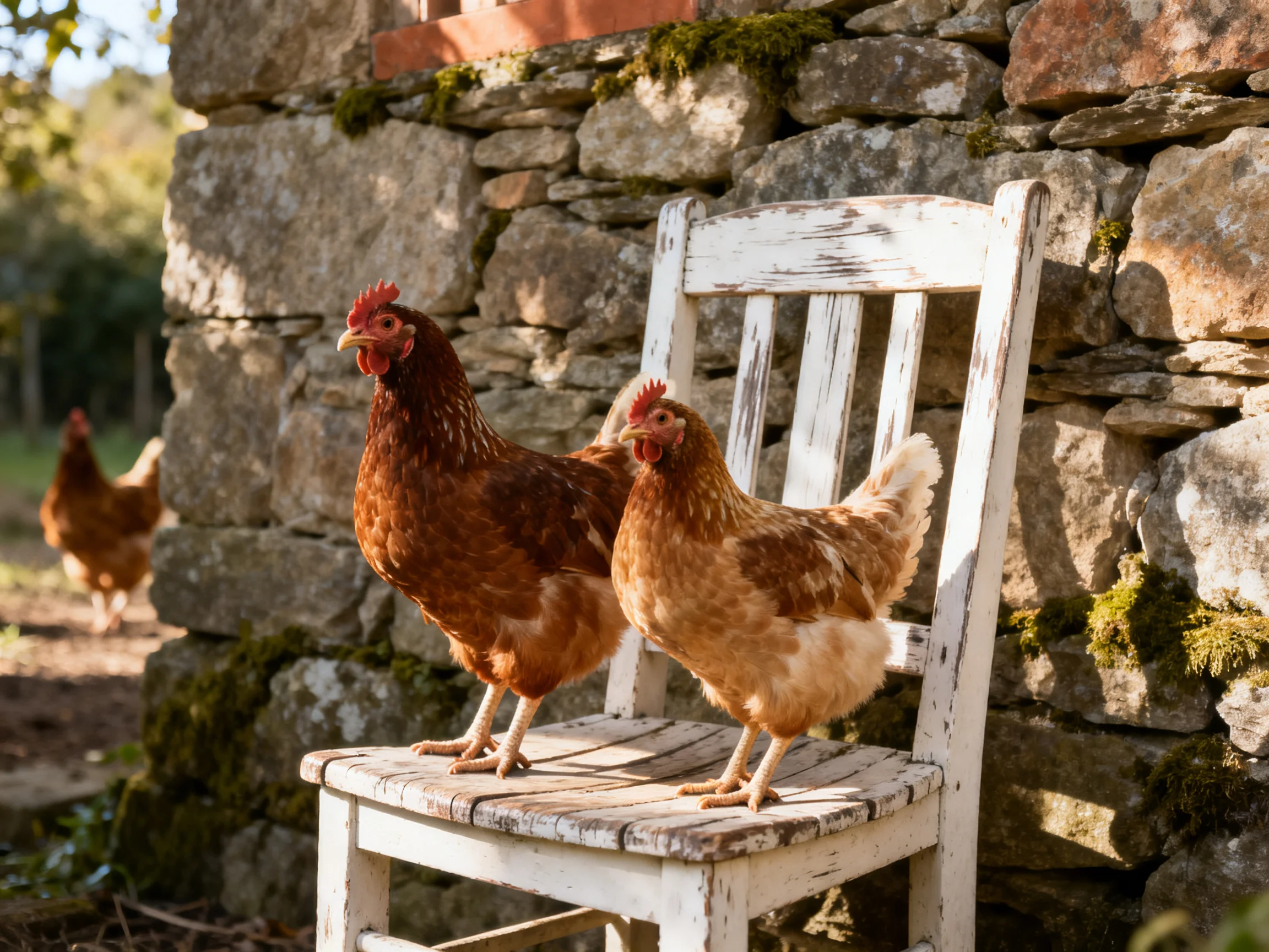 Two brown hens sit on a weathered white chair near a moss-dotted stone wall