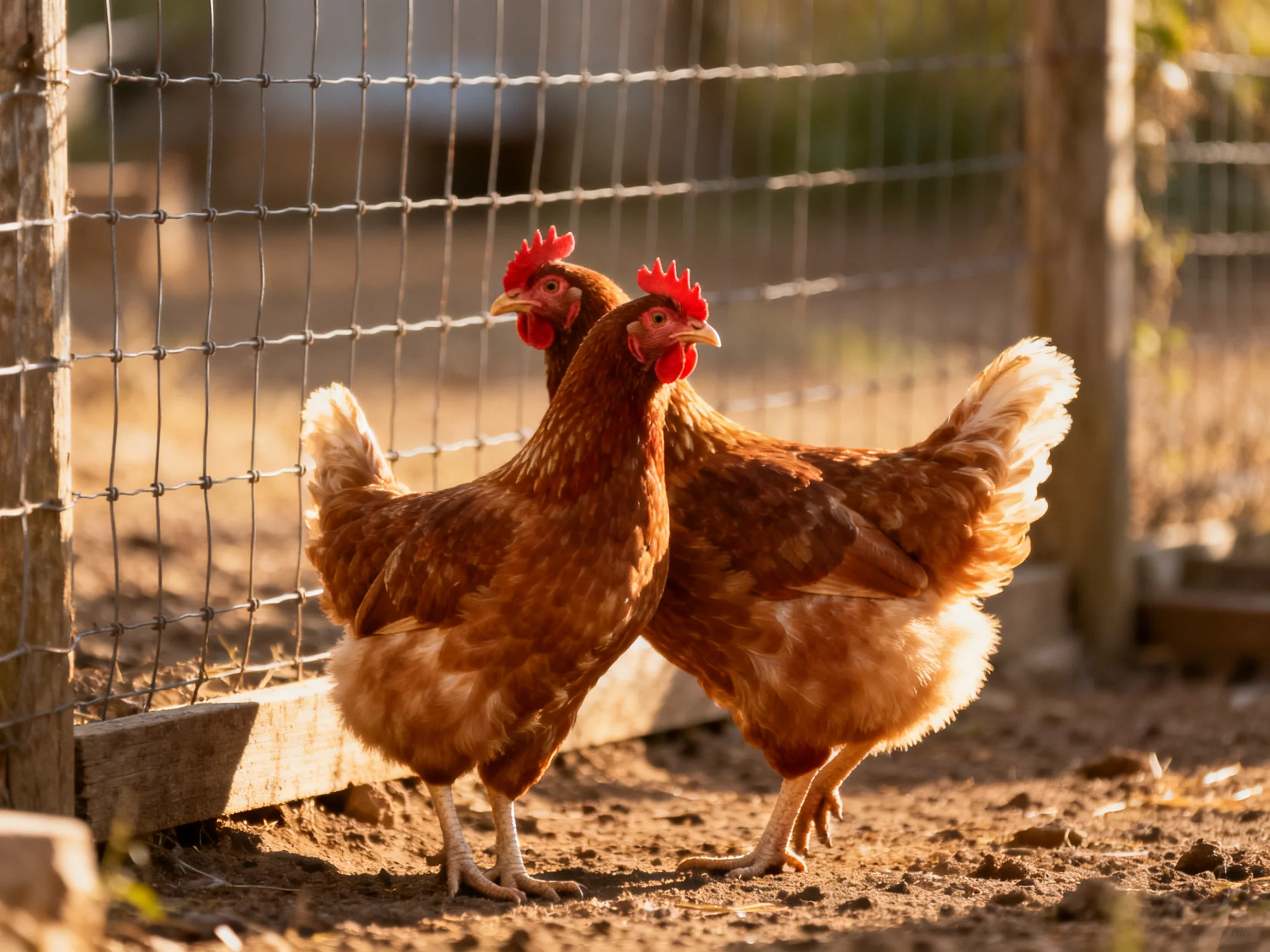 Two brown hens stand close together beside a wire fence