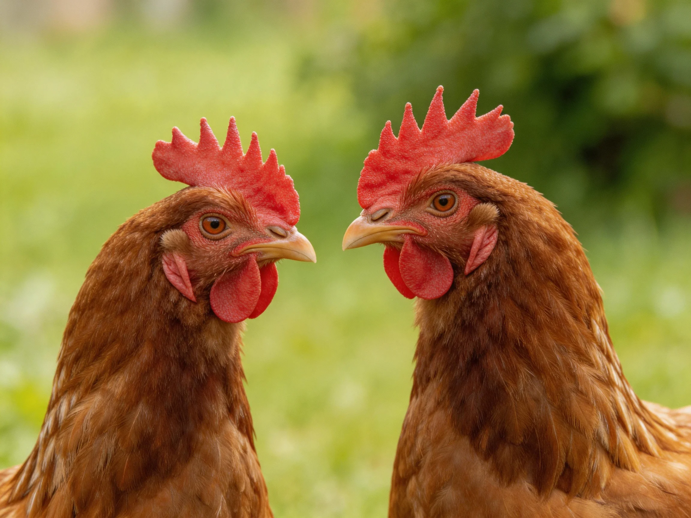 Two brown hens with bright red combs face each other in a lush green setting