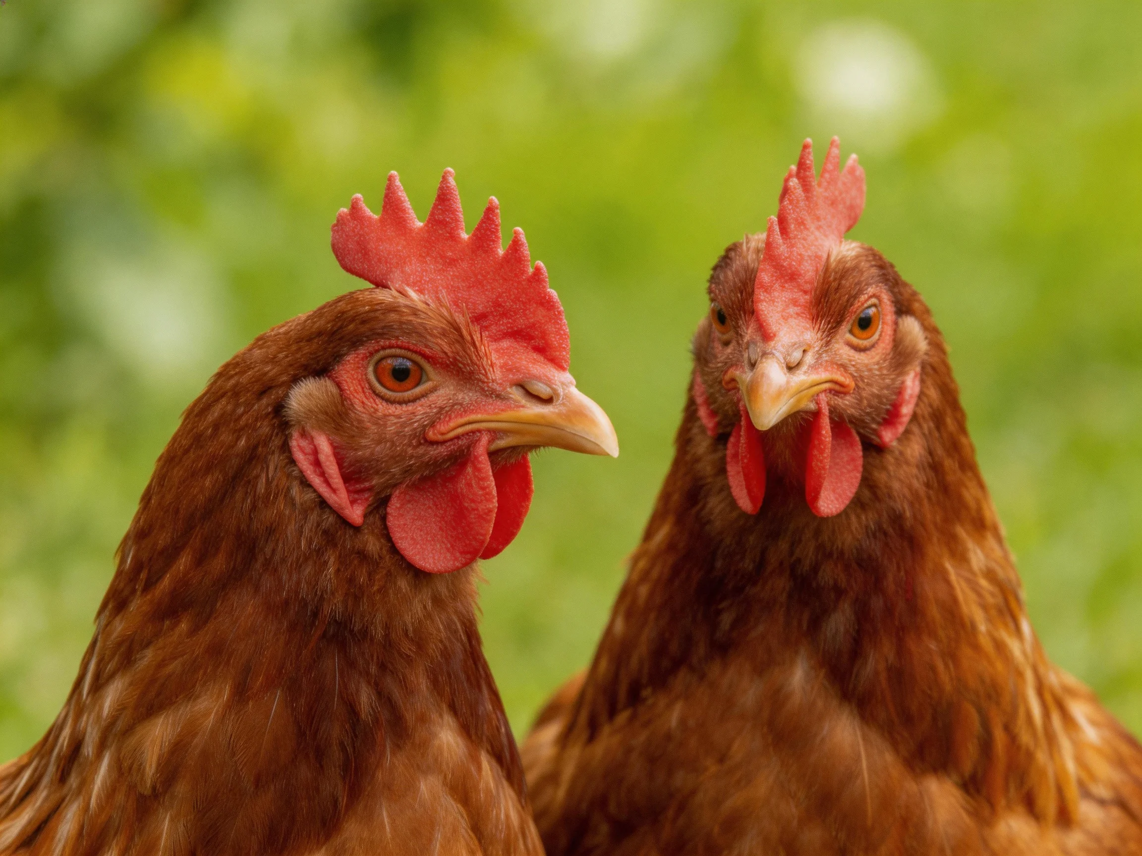 Two brown hens with vibrant red combs in a soft green outdoor backdrop