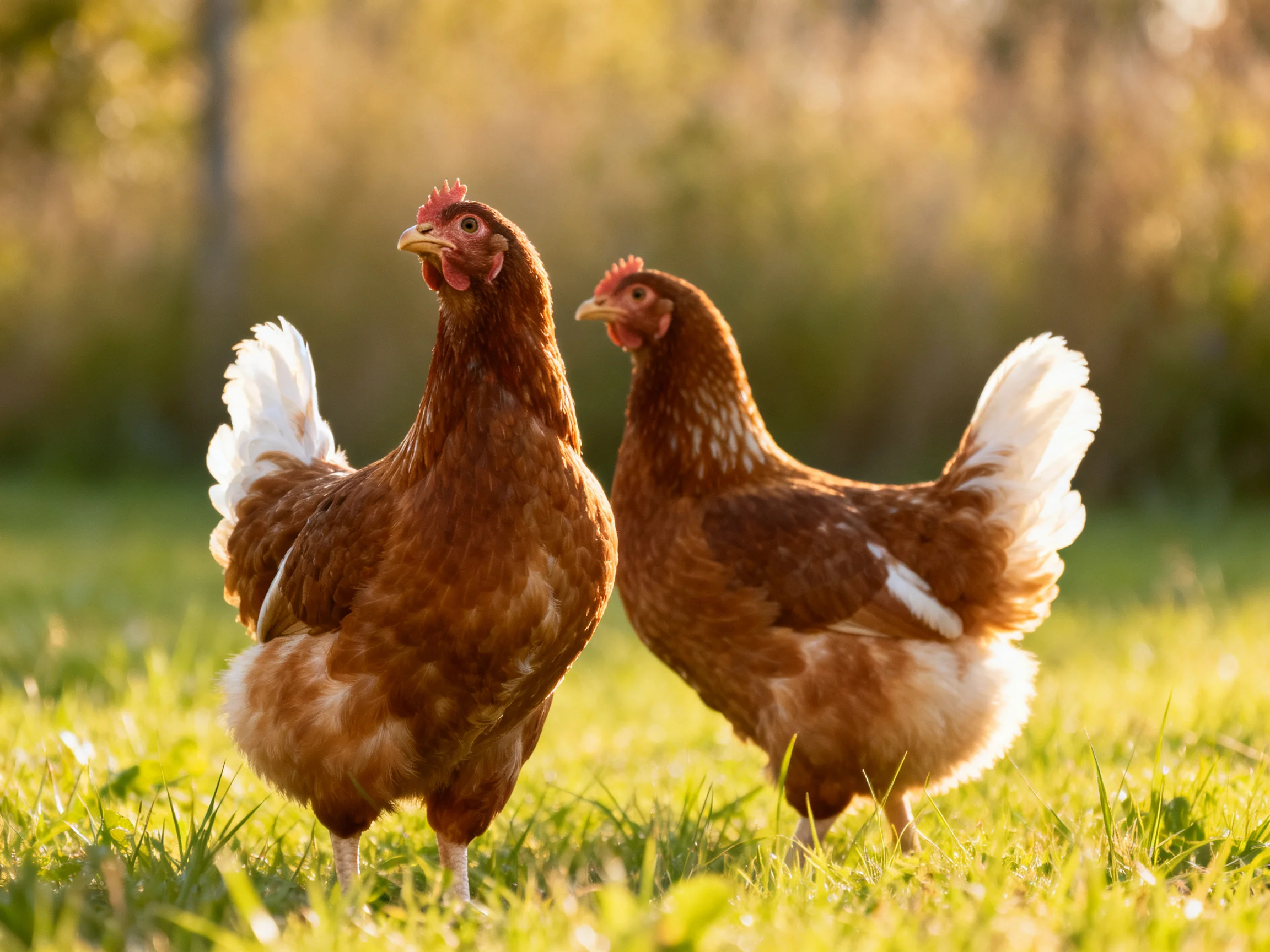 Two brown hens with white tail feathers on green grass