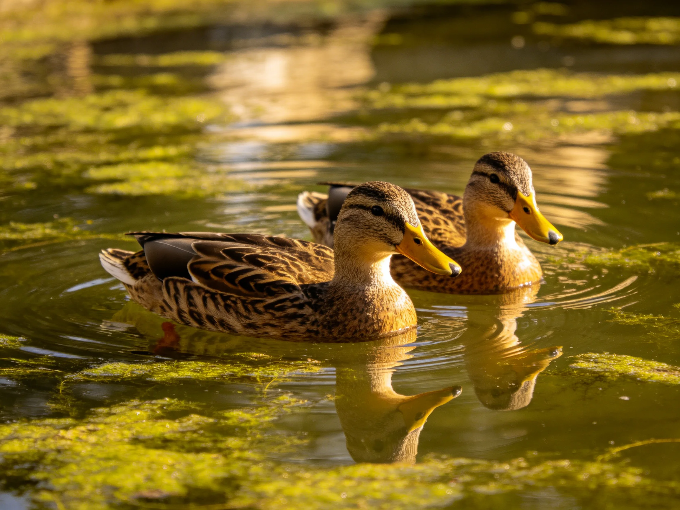 Two brown mallard ducks glide through algae-covered water under golden light