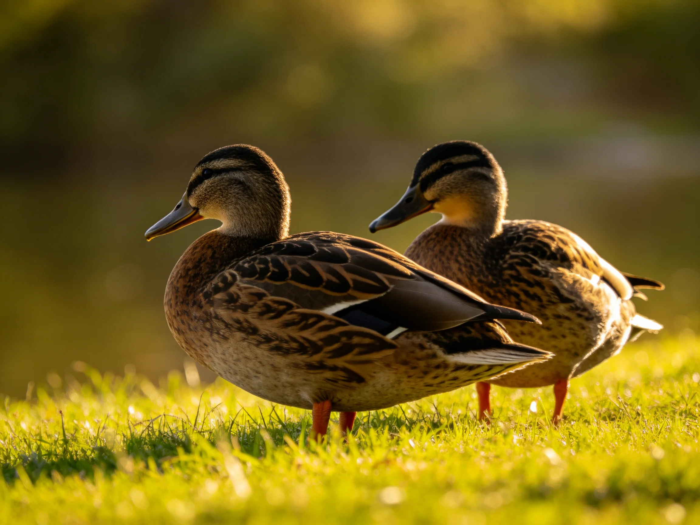 Two brown mallard ducks standing on sunlit green grass near water