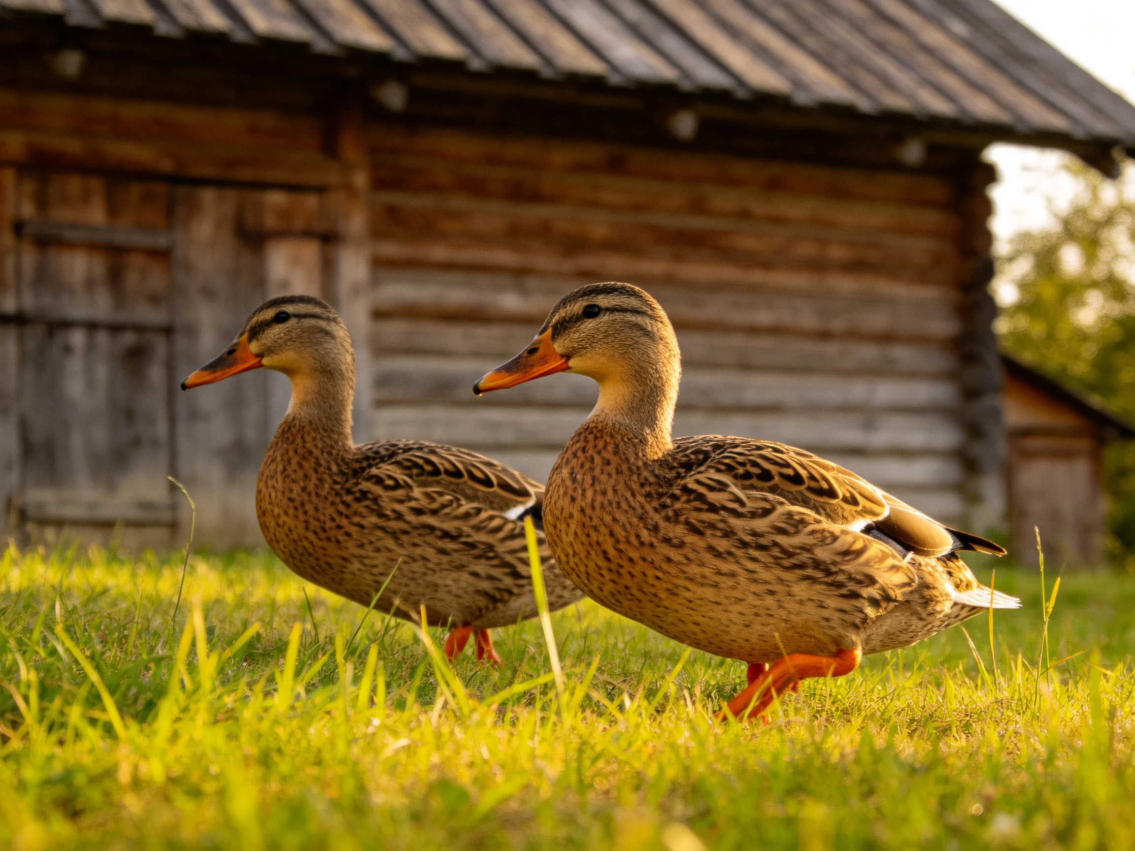 Two brown mallard ducks walk near an aged wooden cabin