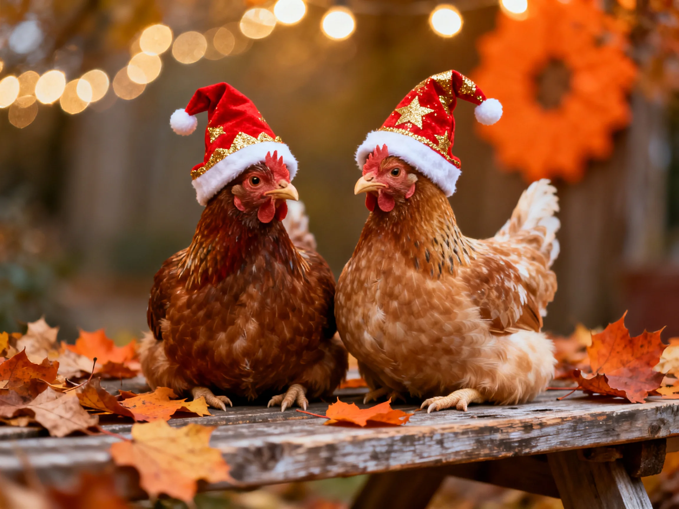 Two chickens in festive Santa hats sit among autumn leaves on a wooden bench