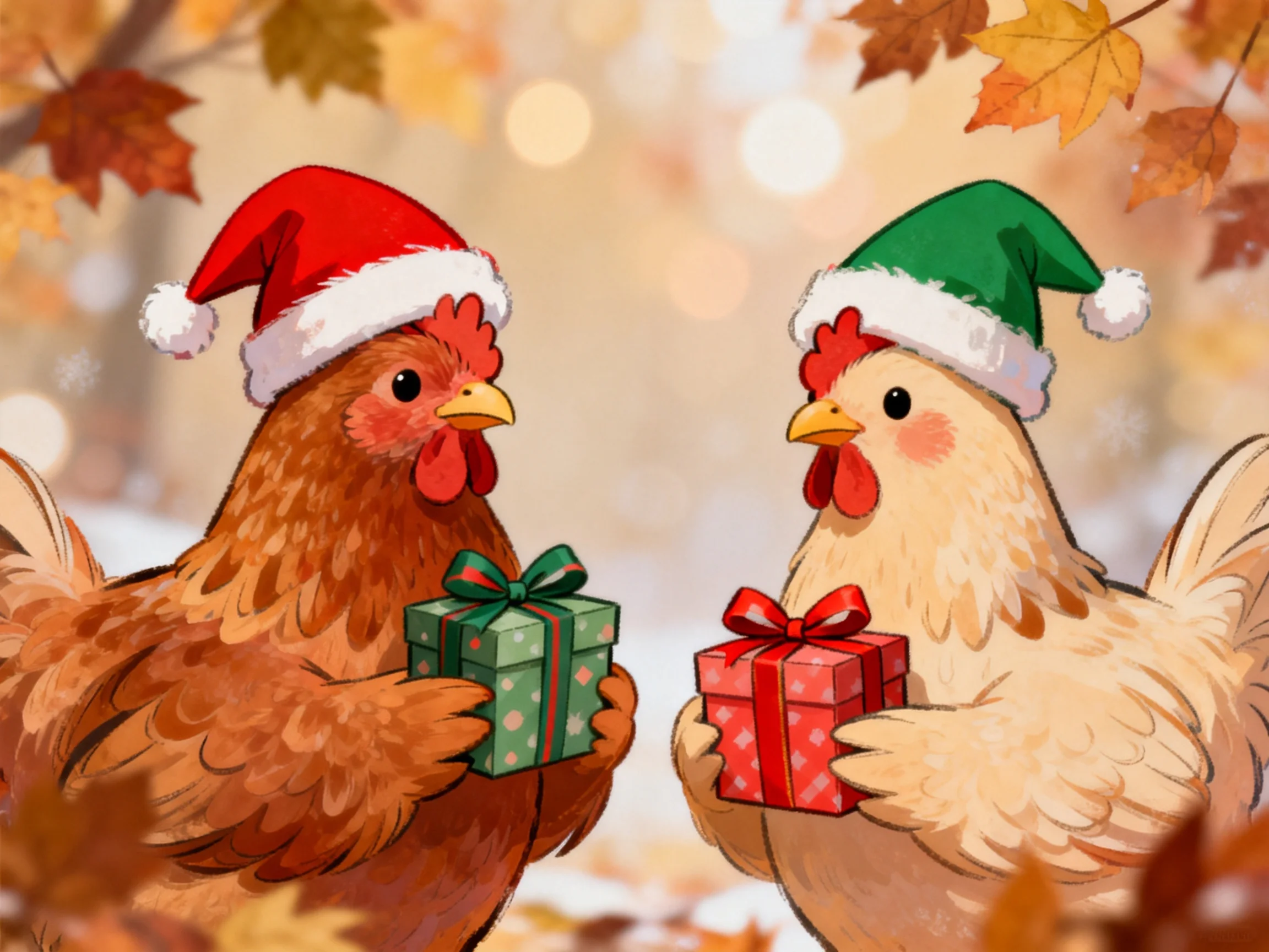 Two chickens in festive hats hold colorful gift boxes amid autumn leaves