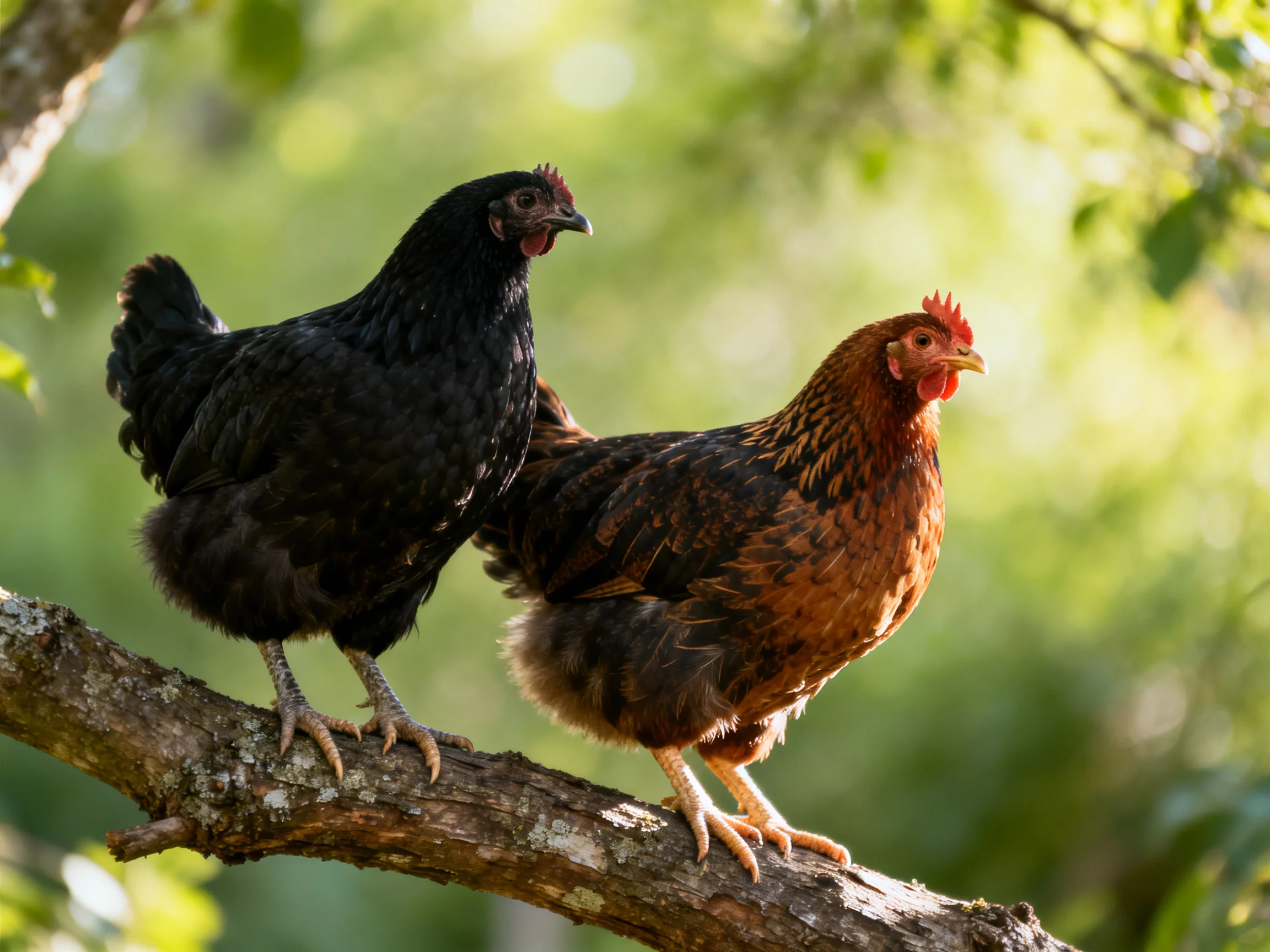 Two chickens, one black and one brown, rest on a tree branch.