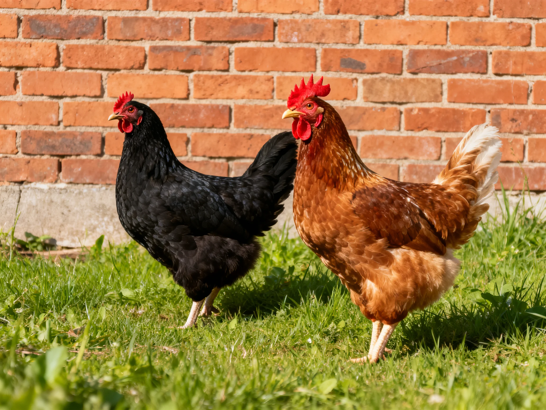 Two chickens, one black and one brown, standing on green grass beside a red brick wall