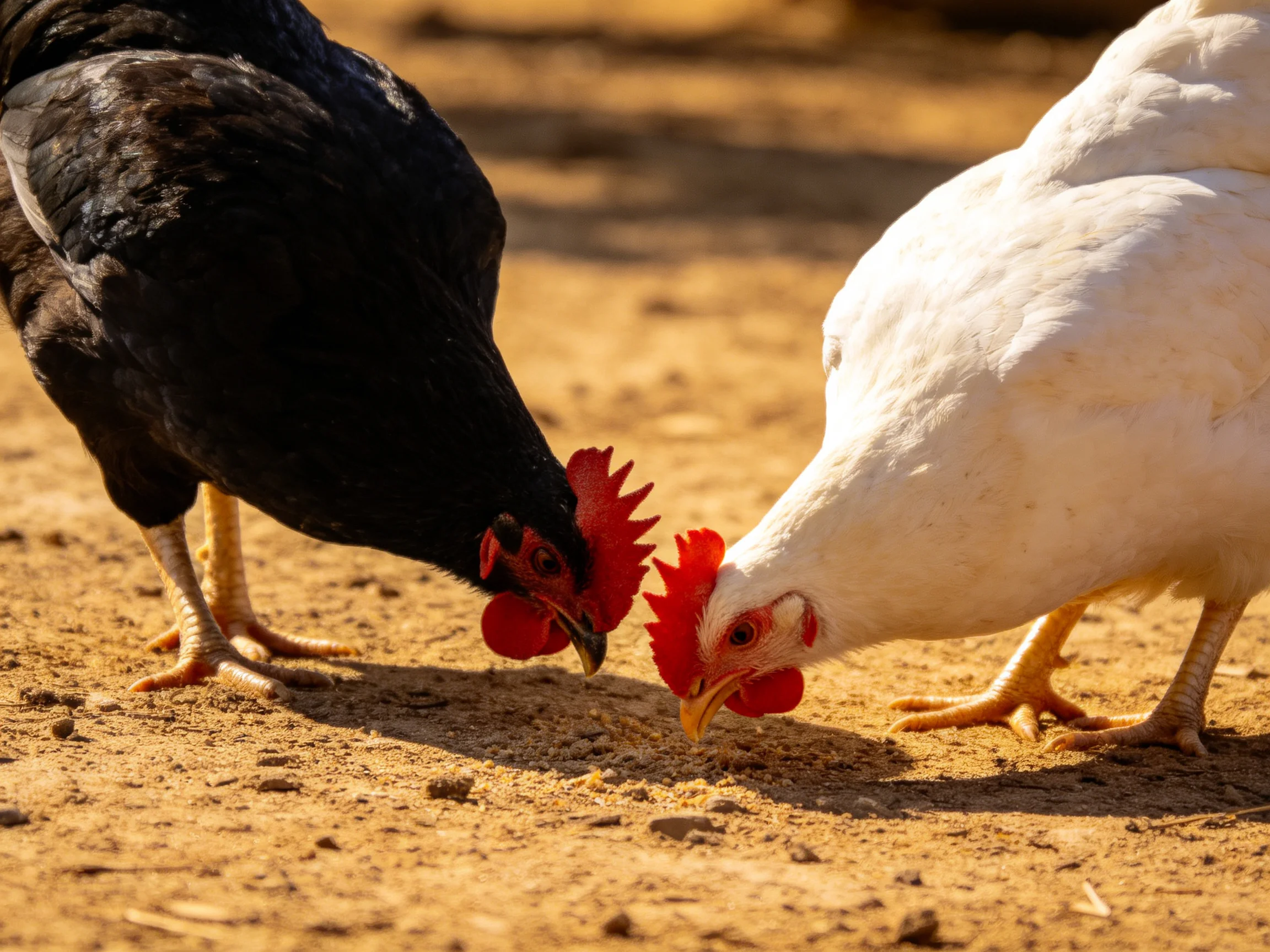 Two chickens, one black and one white, pecking at sandy ground