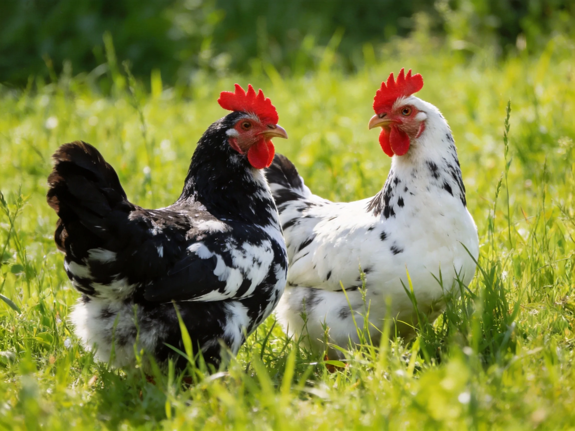 Two chickens, one black and white, one white with dark spots, foraging in lush green grass